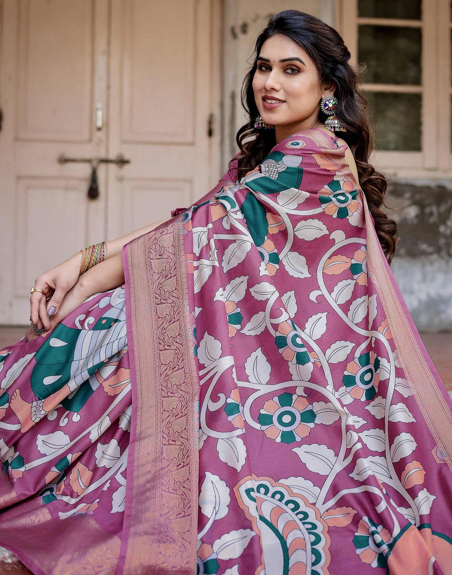 Dusty Purple Tussar Silk Printed Kalamkari Saree