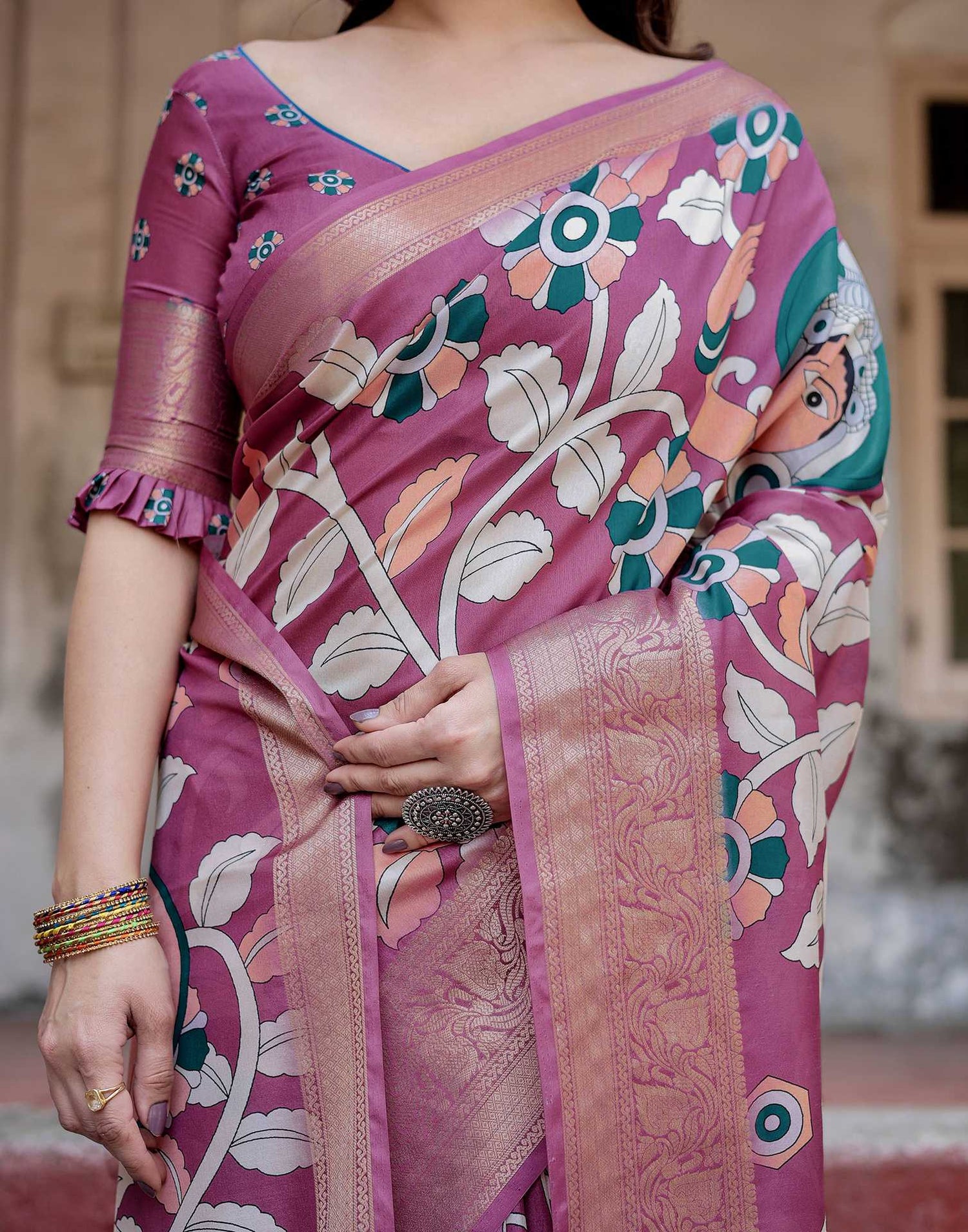 Dusty Purple Tussar Silk Printed Kalamkari Saree