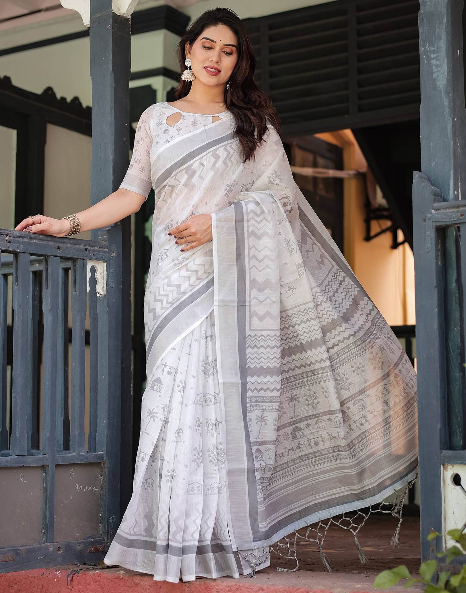 White Linen Printed Saree