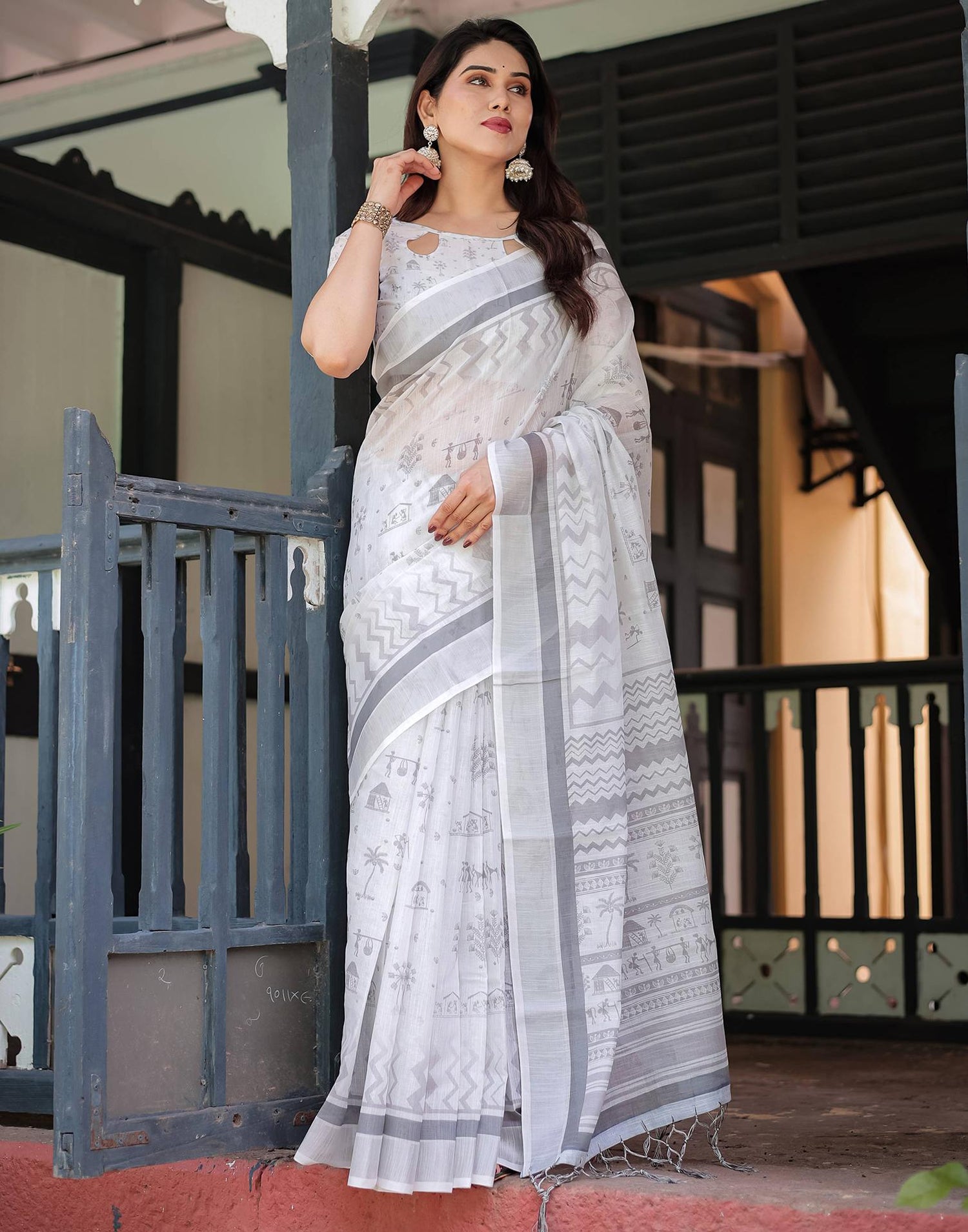 White Linen Printed Saree