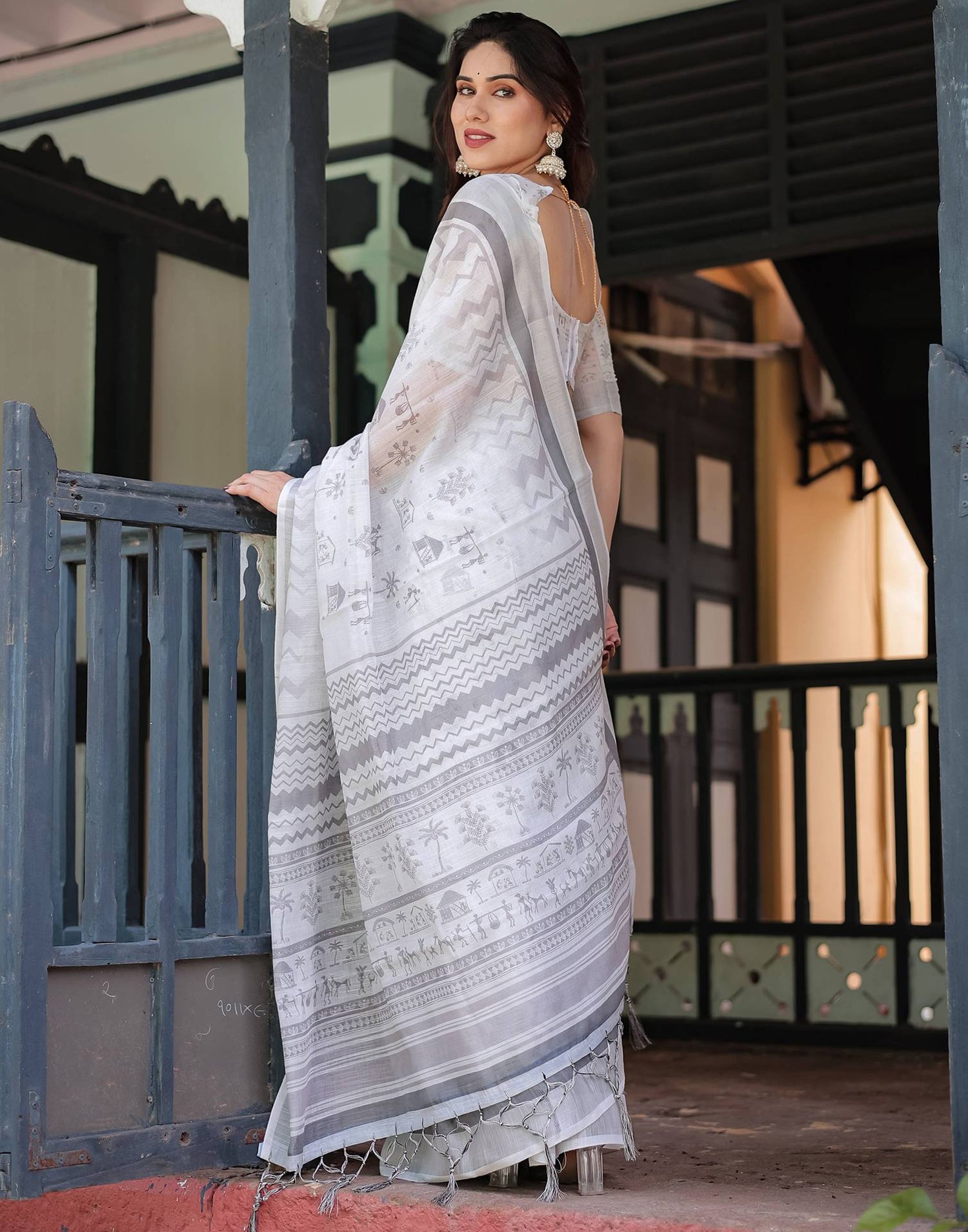 White Linen Printed Saree