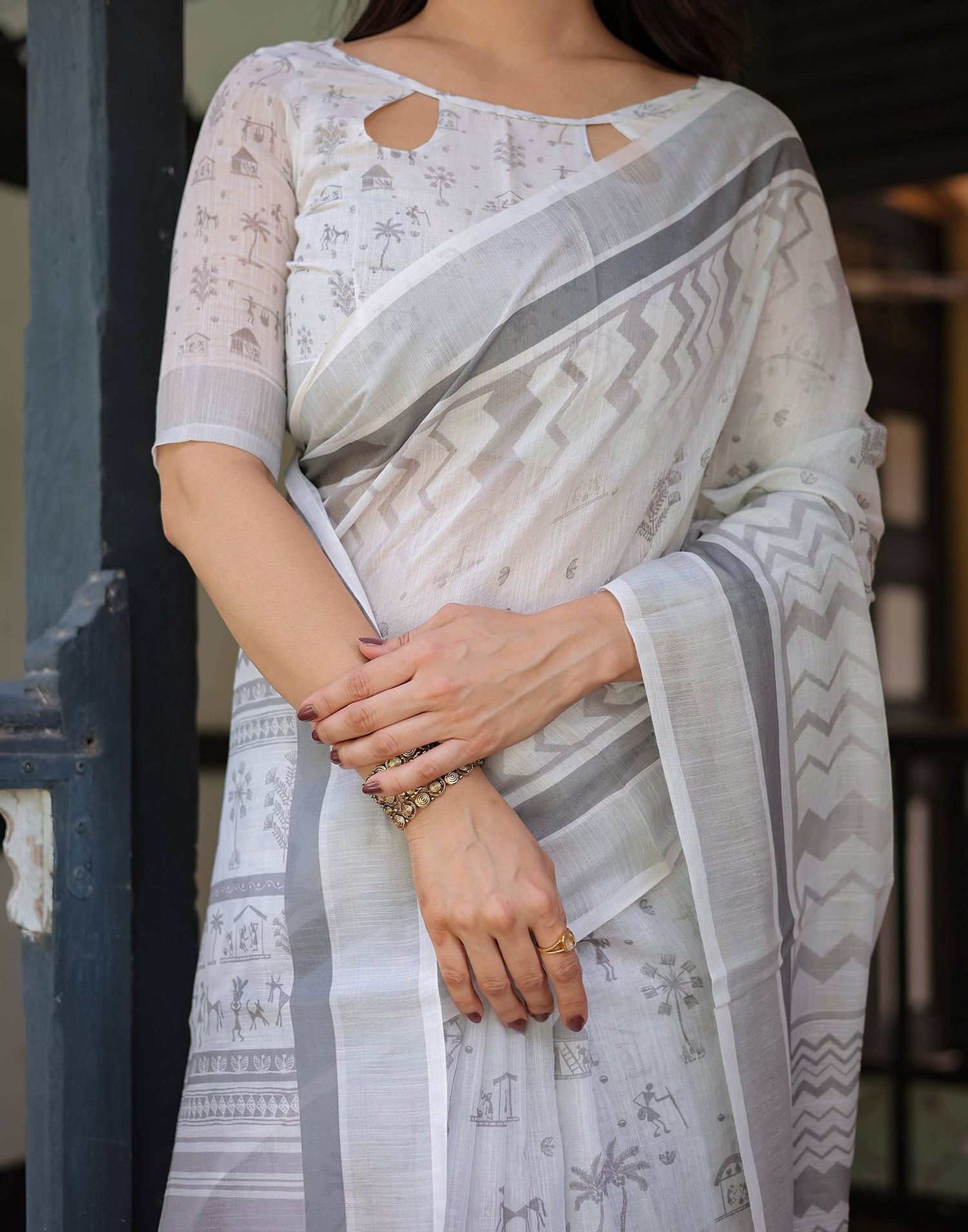 White Linen Printed Saree