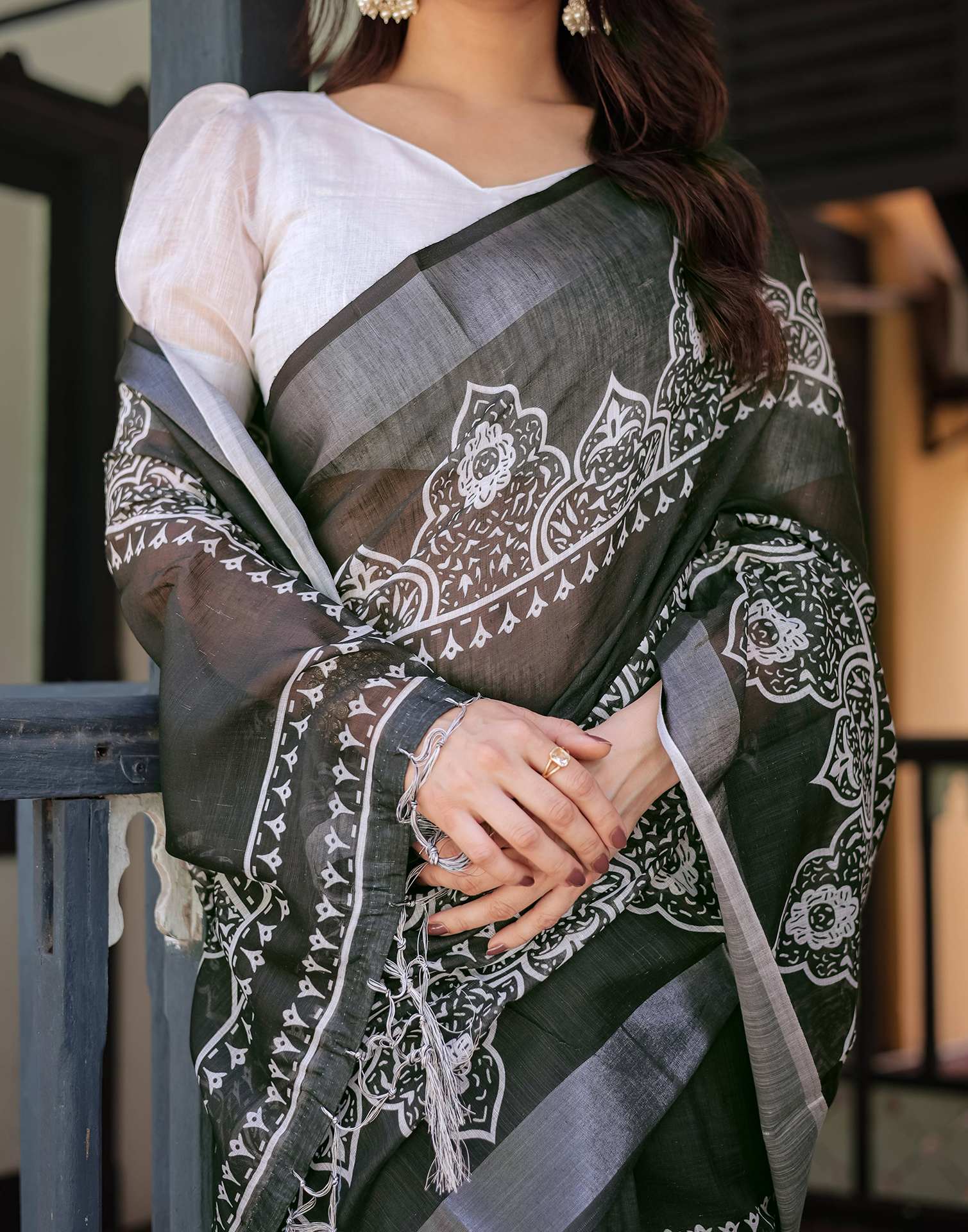 Black Linen Printed Saree