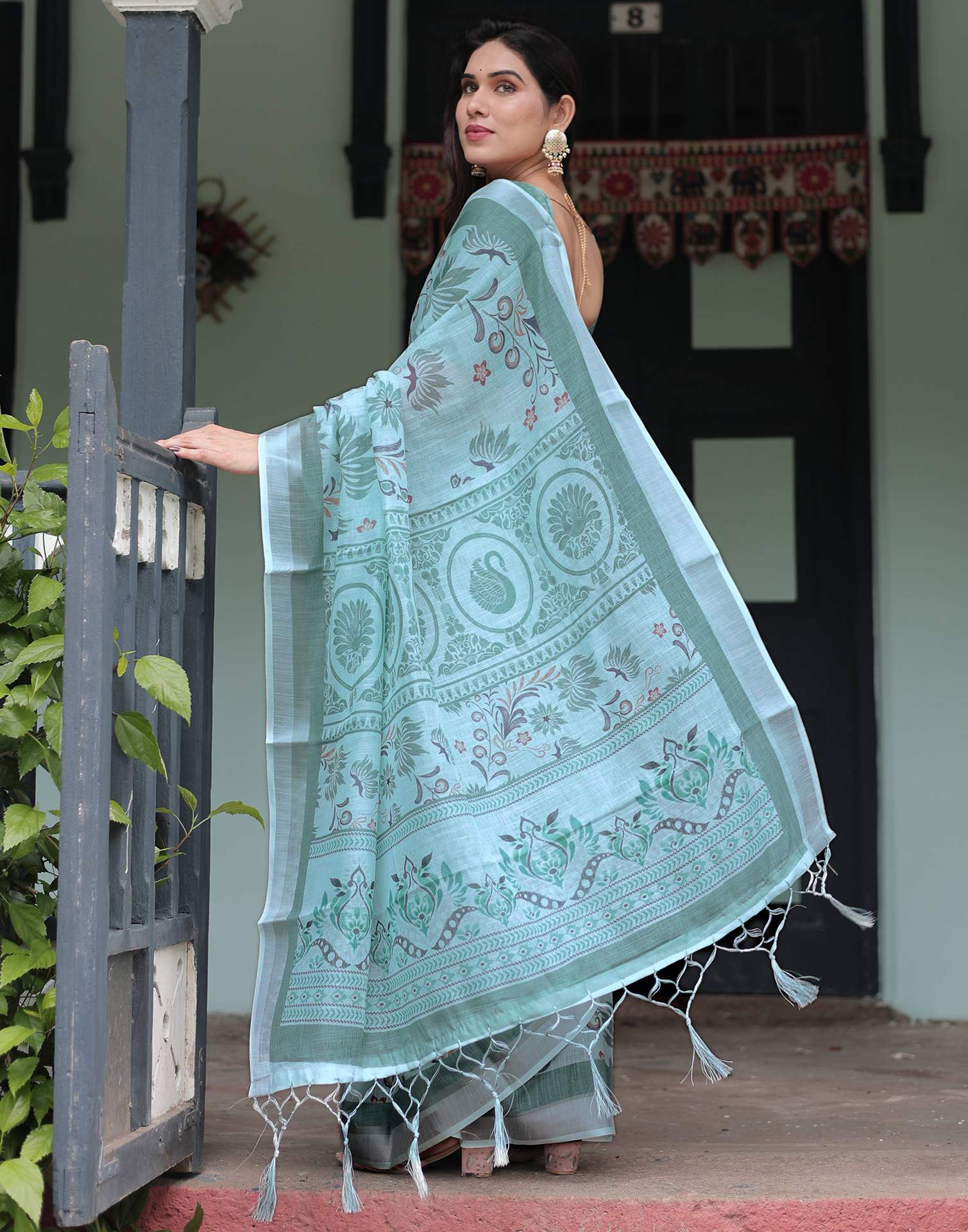 Light Blue Linen Printed Saree