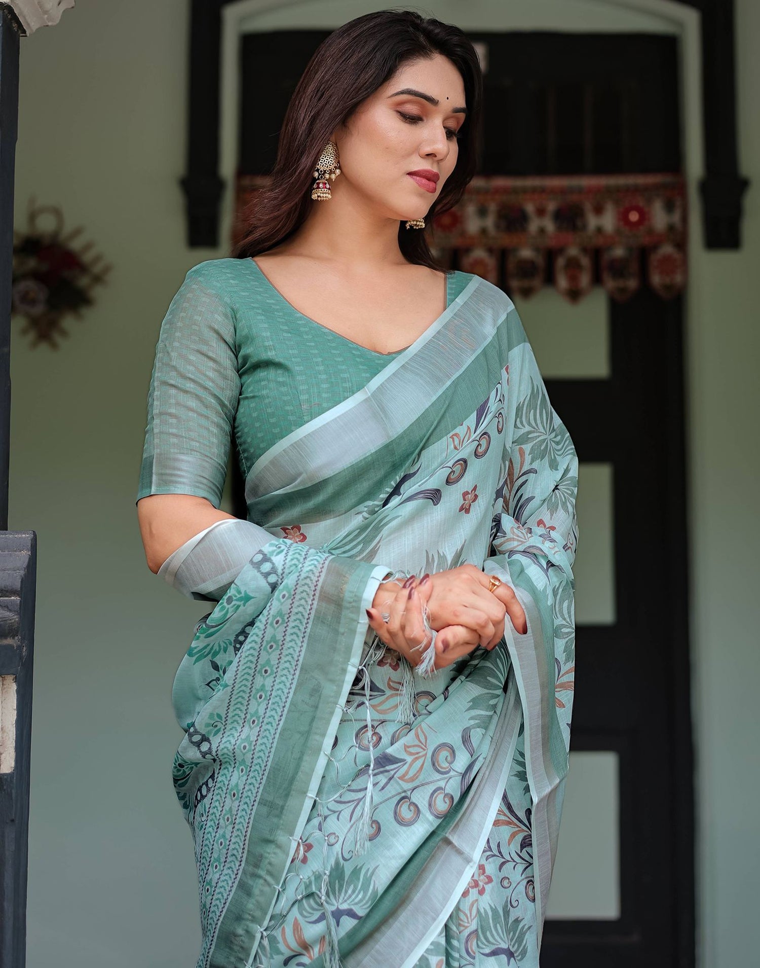 Light Blue Linen Printed Saree
