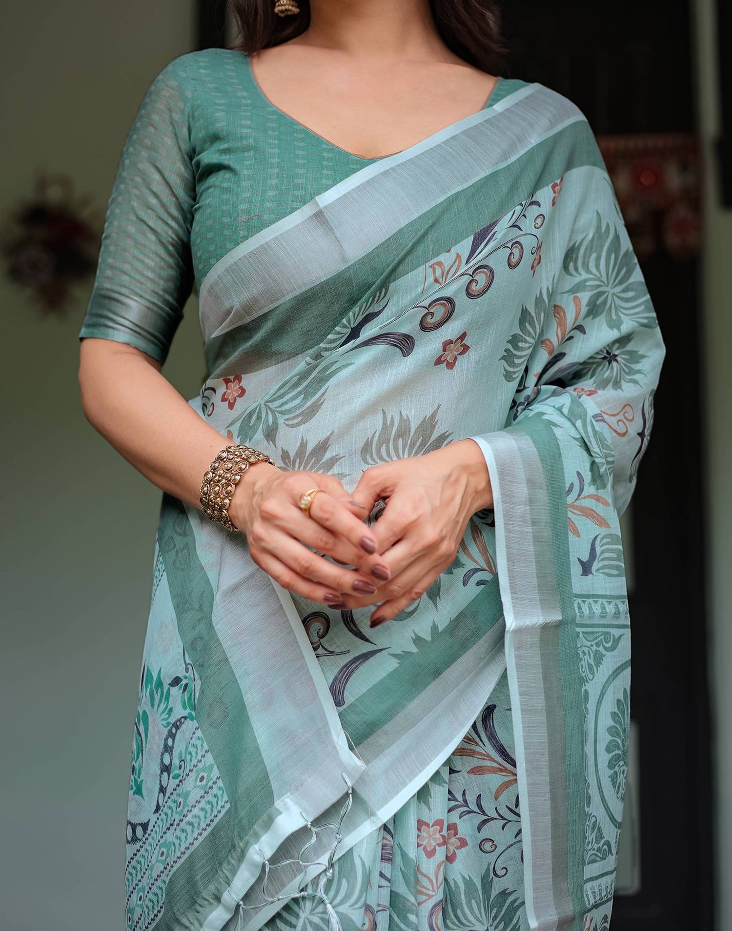 Light Blue Linen Printed Saree