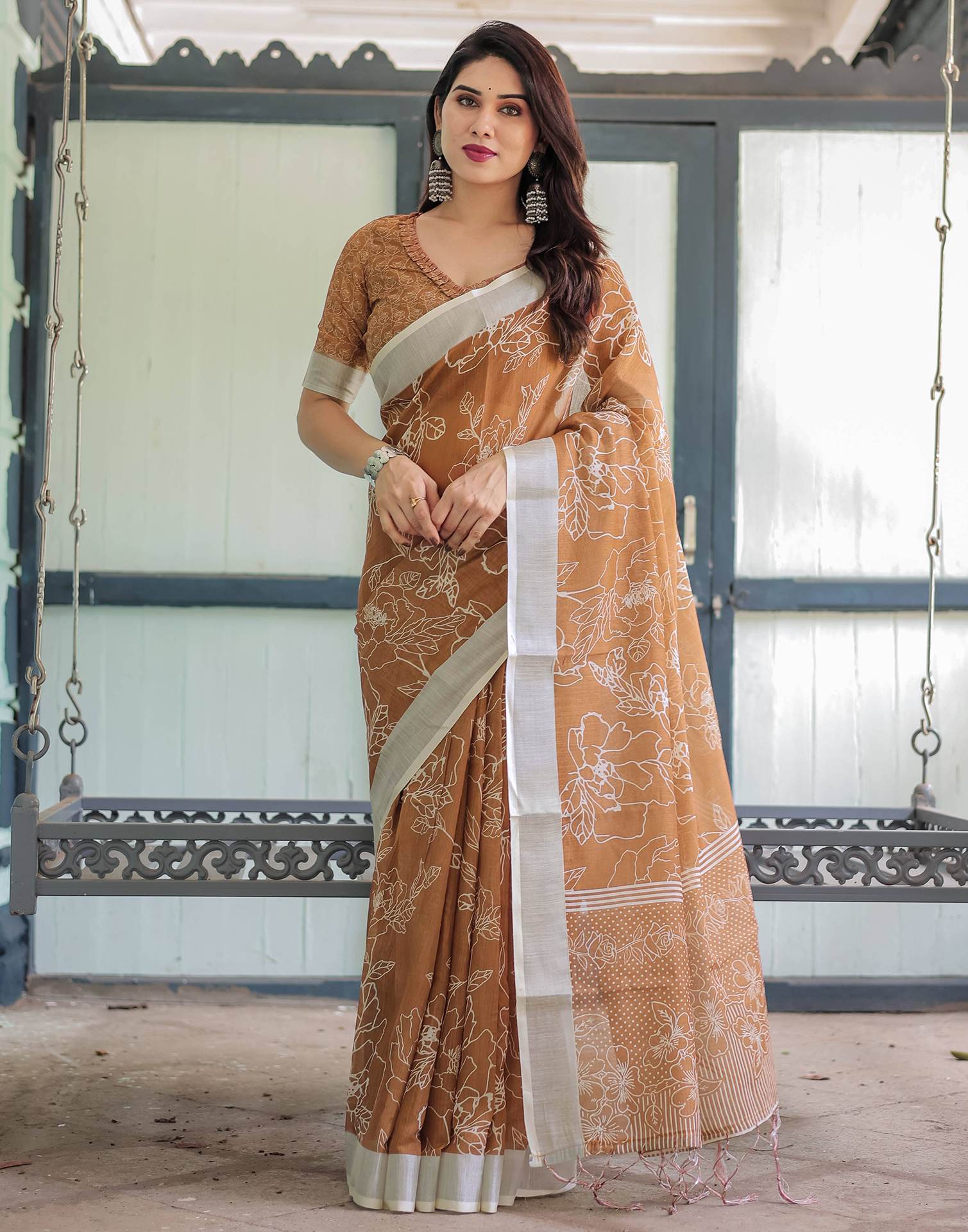 Light Brown Linen Printed Saree