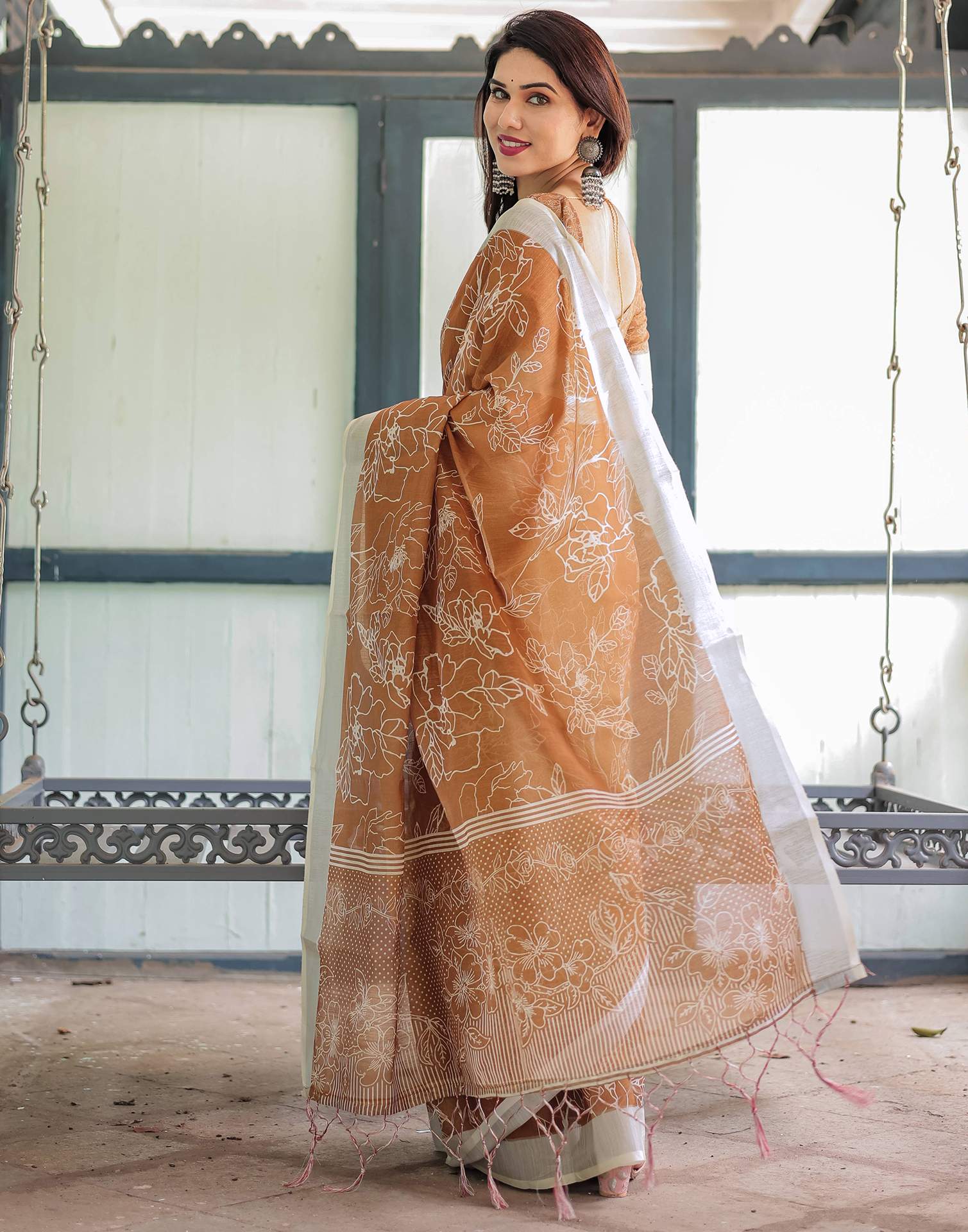 Light Brown Linen Printed Saree