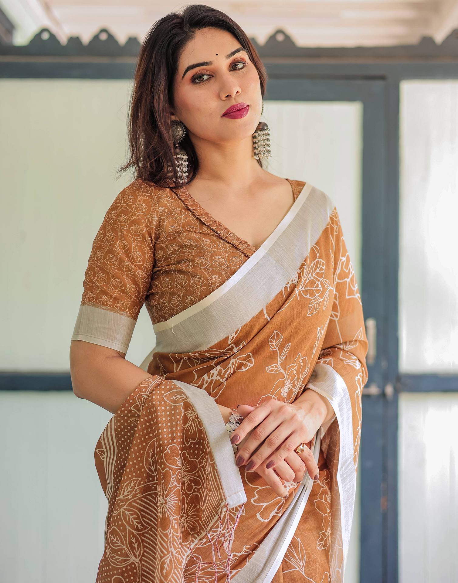 Light Brown Linen Printed Saree