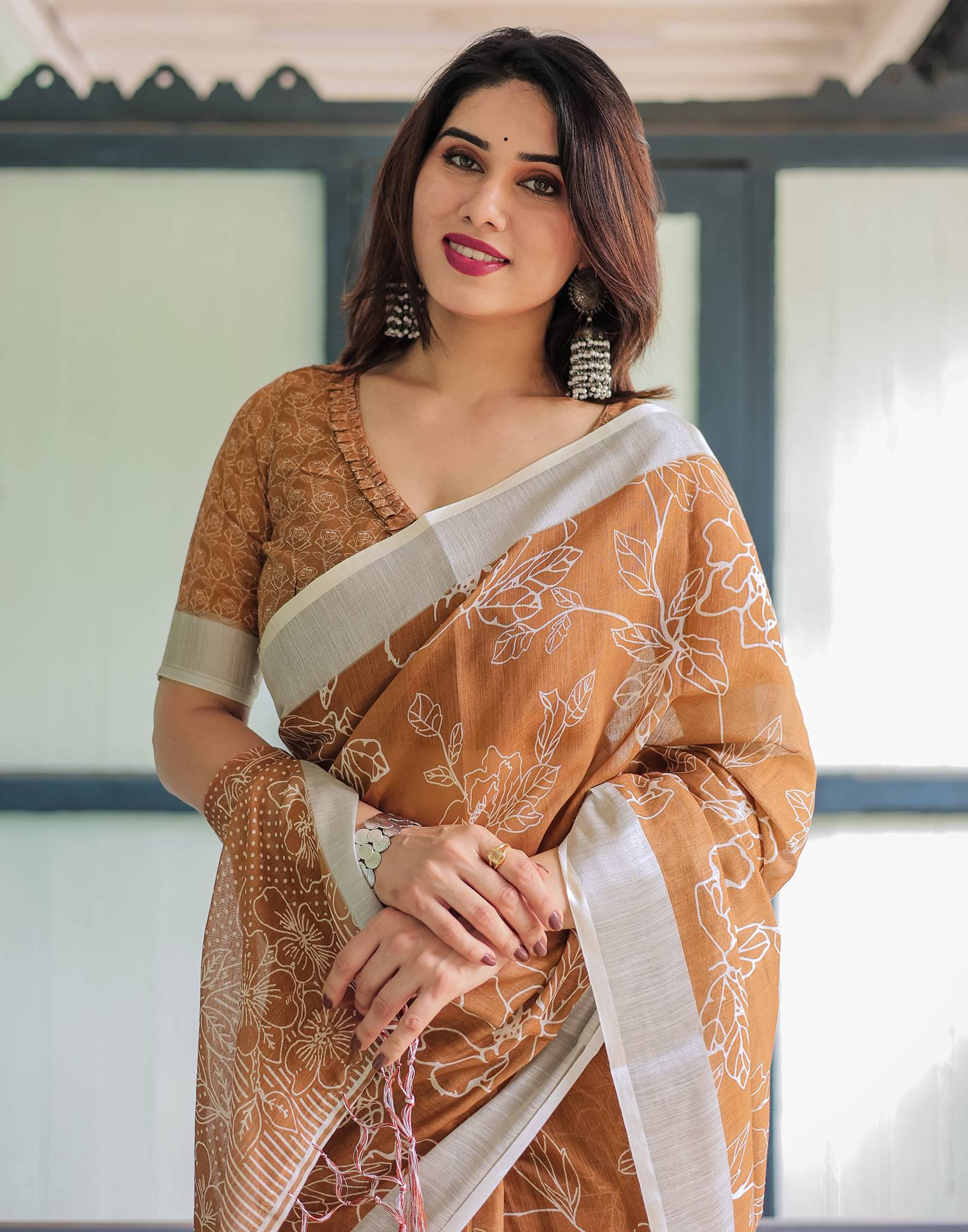 Light Brown Linen Printed Saree
