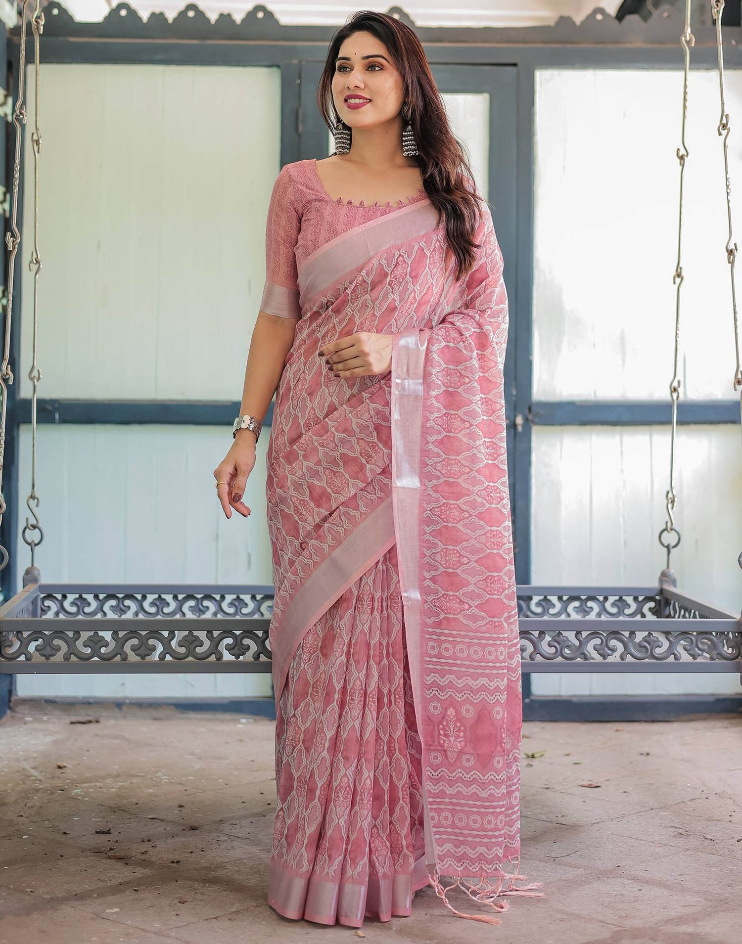 Light Dusty Pink Linen Printed Saree