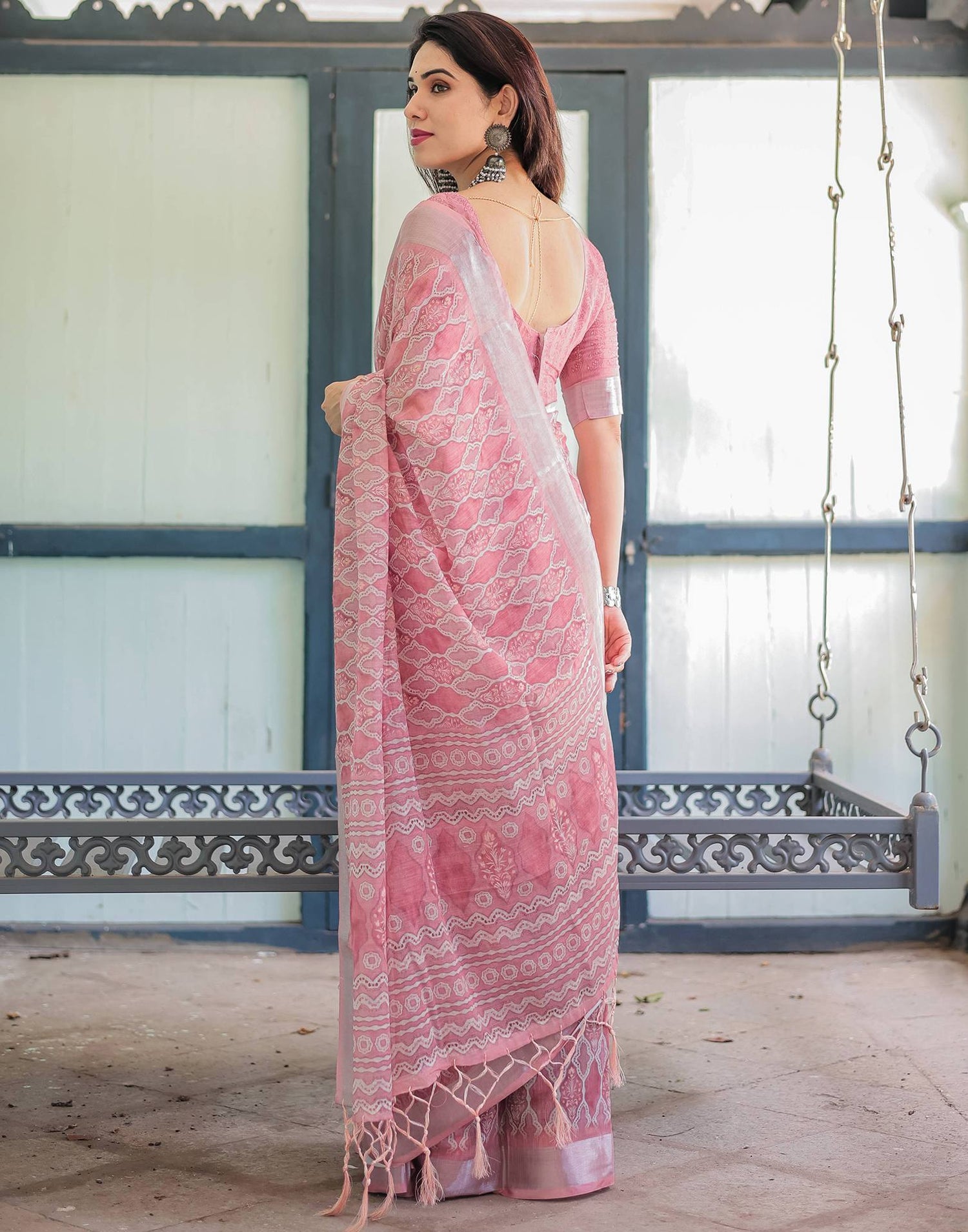 Light Dusty Pink Linen Printed Saree