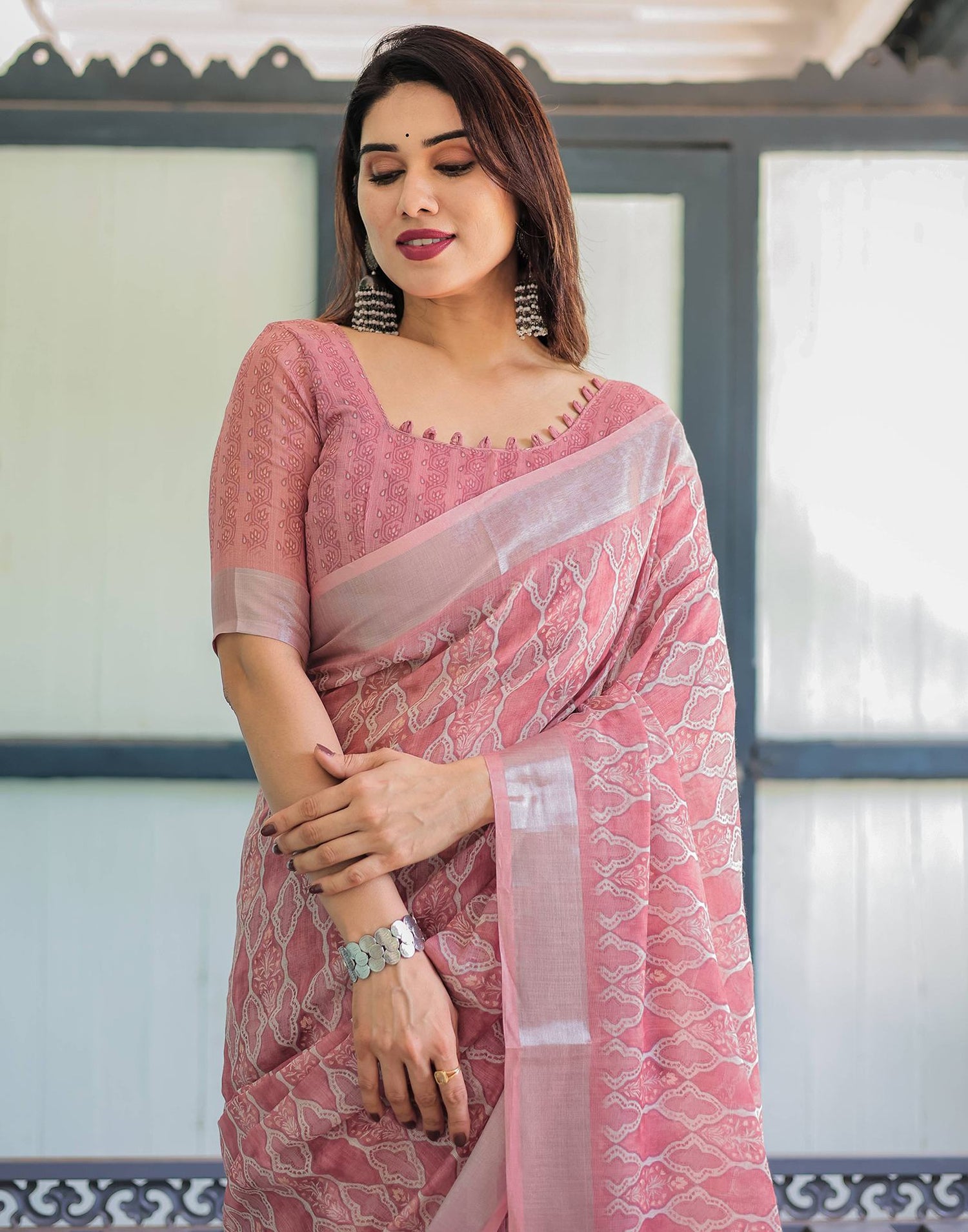 Light Dusty Pink Linen Printed Saree