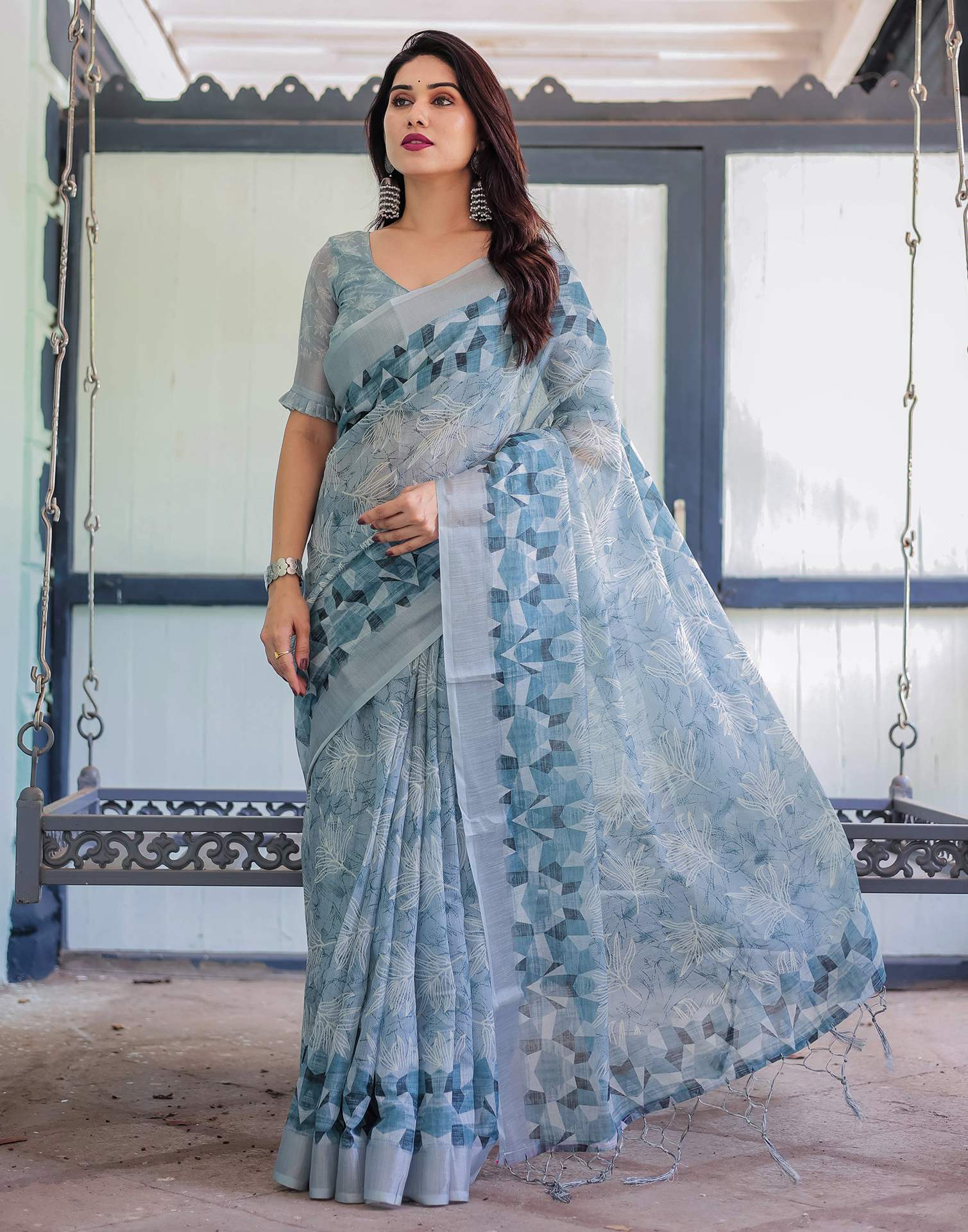 Dusty Blue Linen Printed Saree