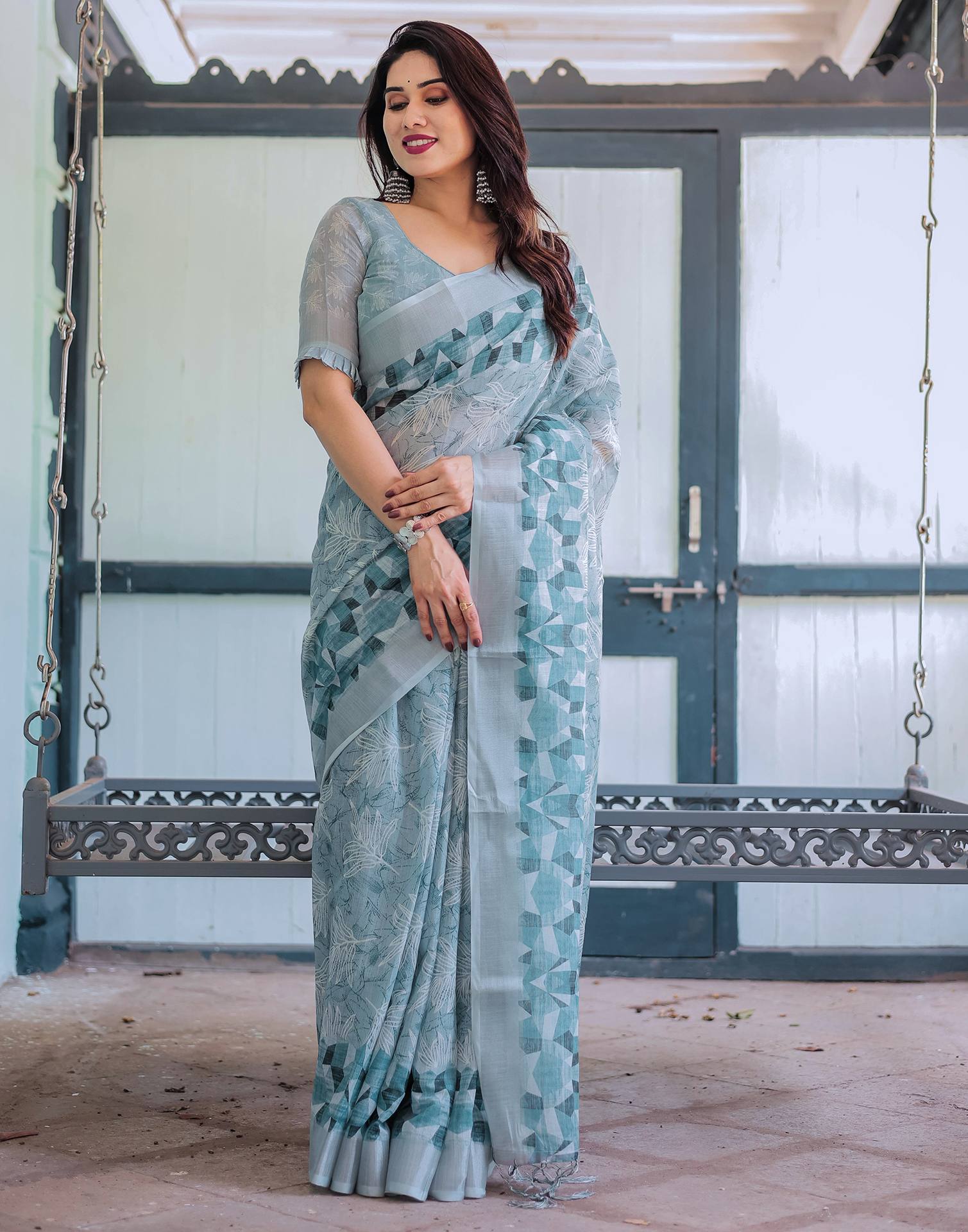 Dusty Blue Linen Printed Saree