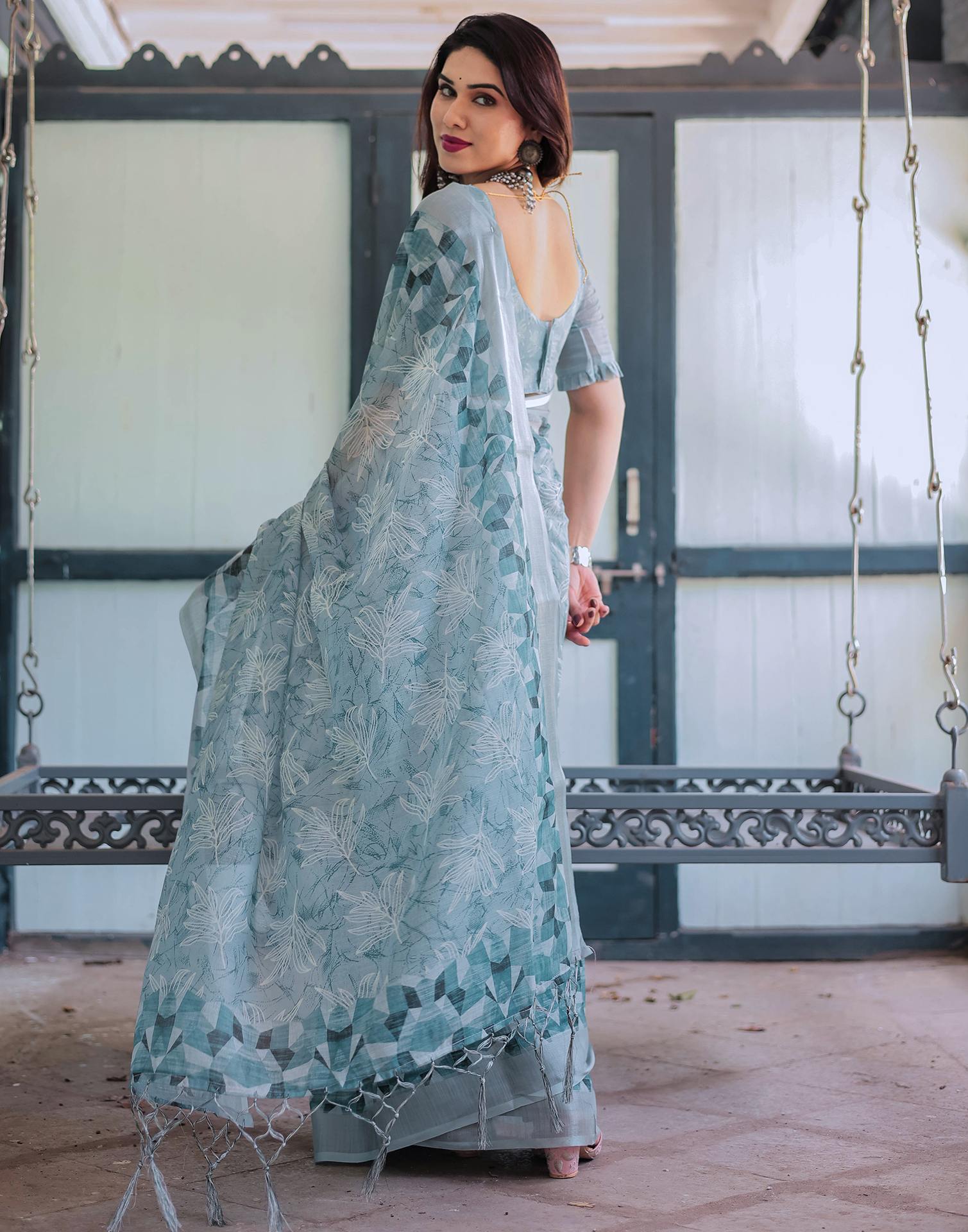 Dusty Blue Linen Printed Saree