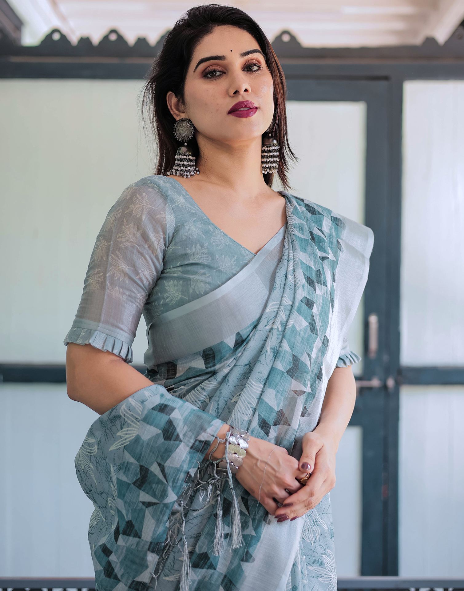 Dusty Blue Linen Printed Saree