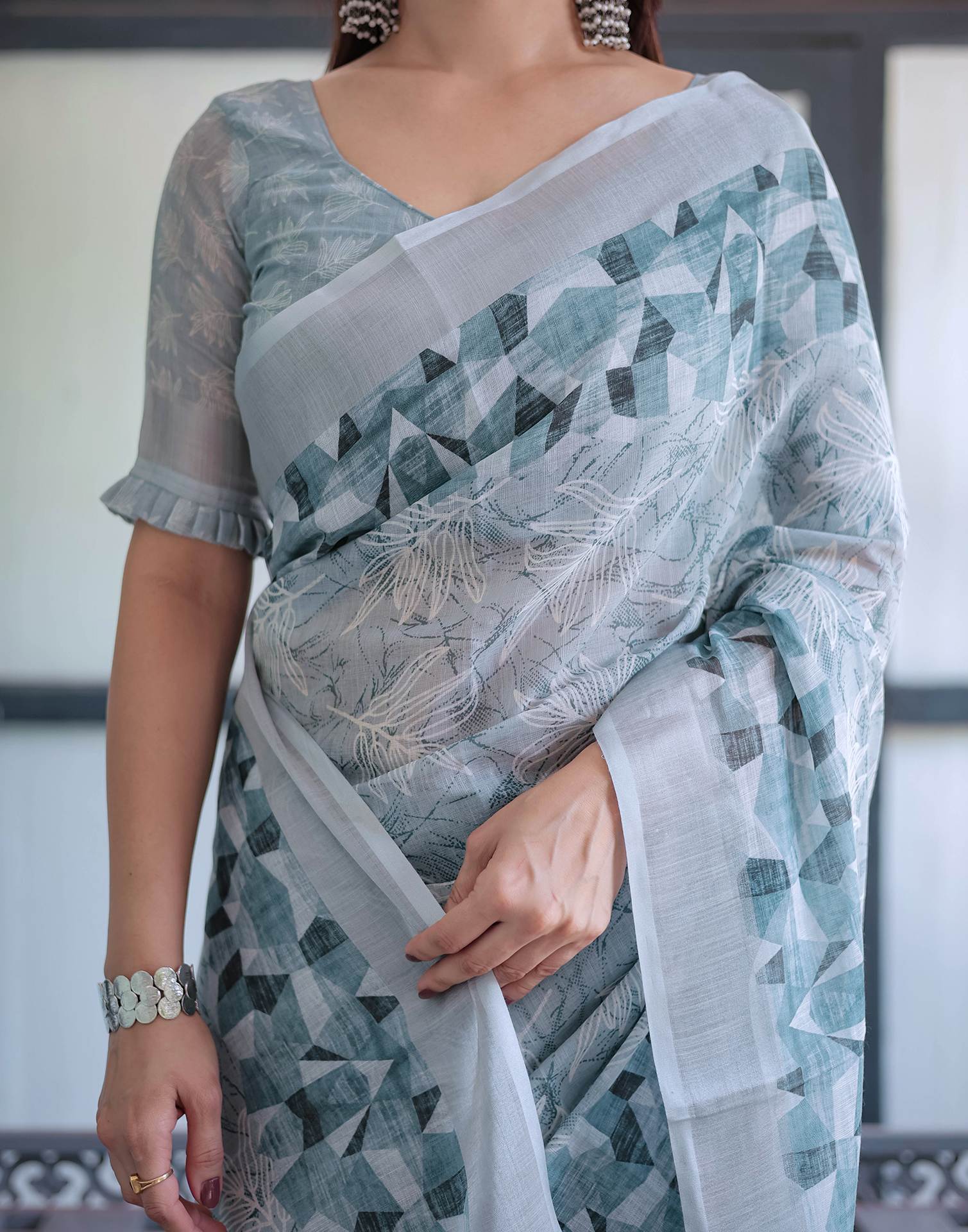 Dusty Blue Linen Printed Saree