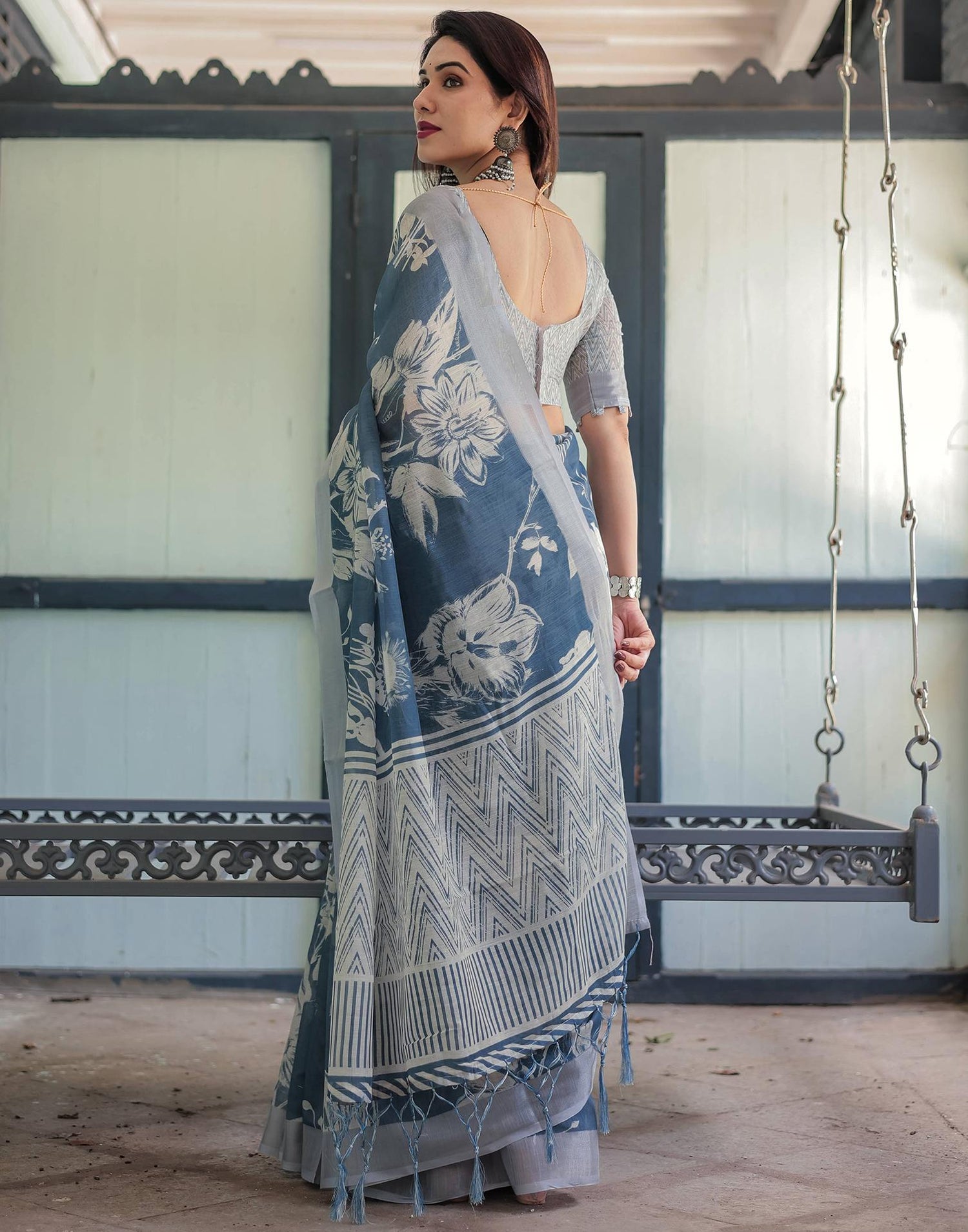 Dark Dusty Blue Linen Printed Saree