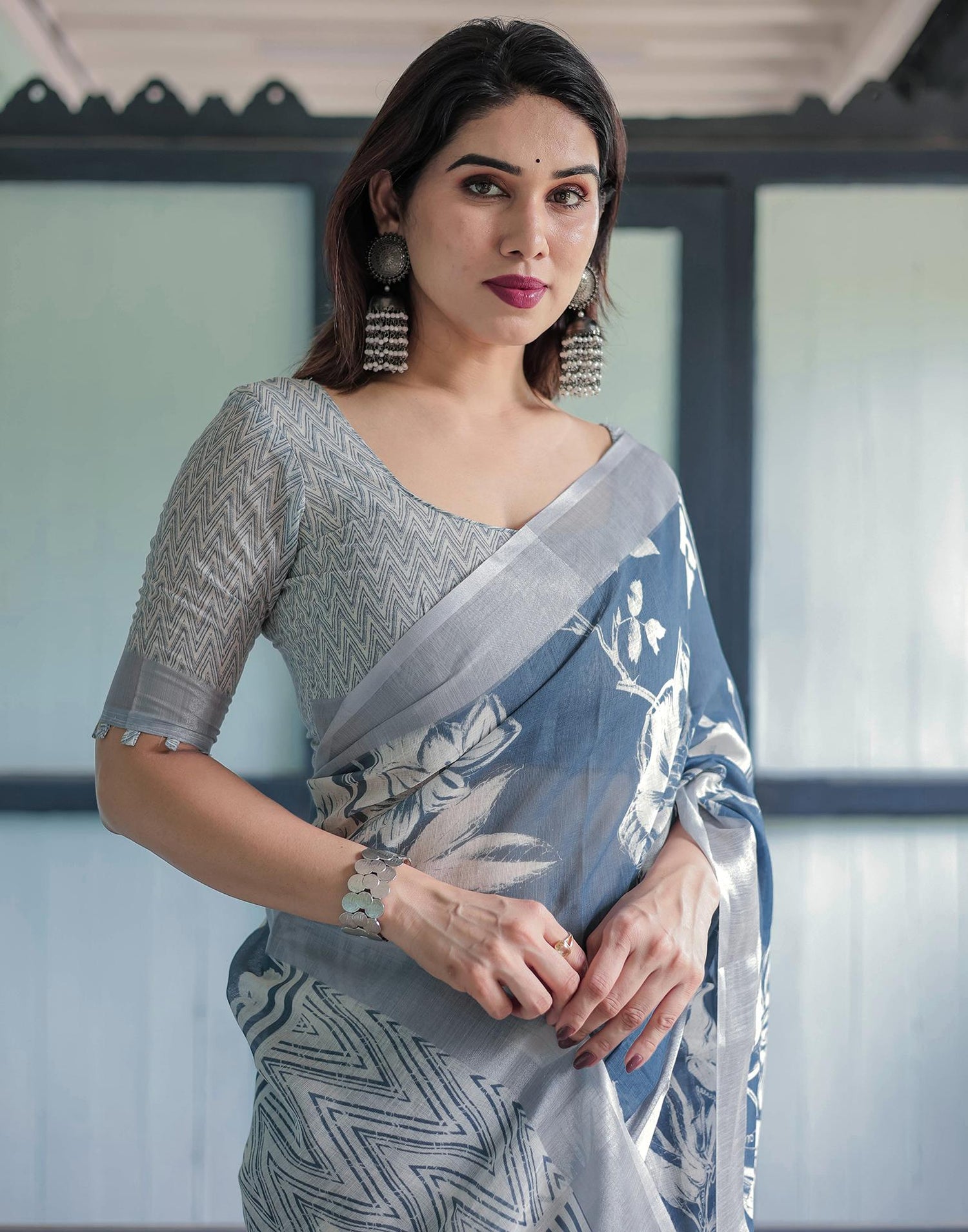 Dark Dusty Blue Linen Printed Saree