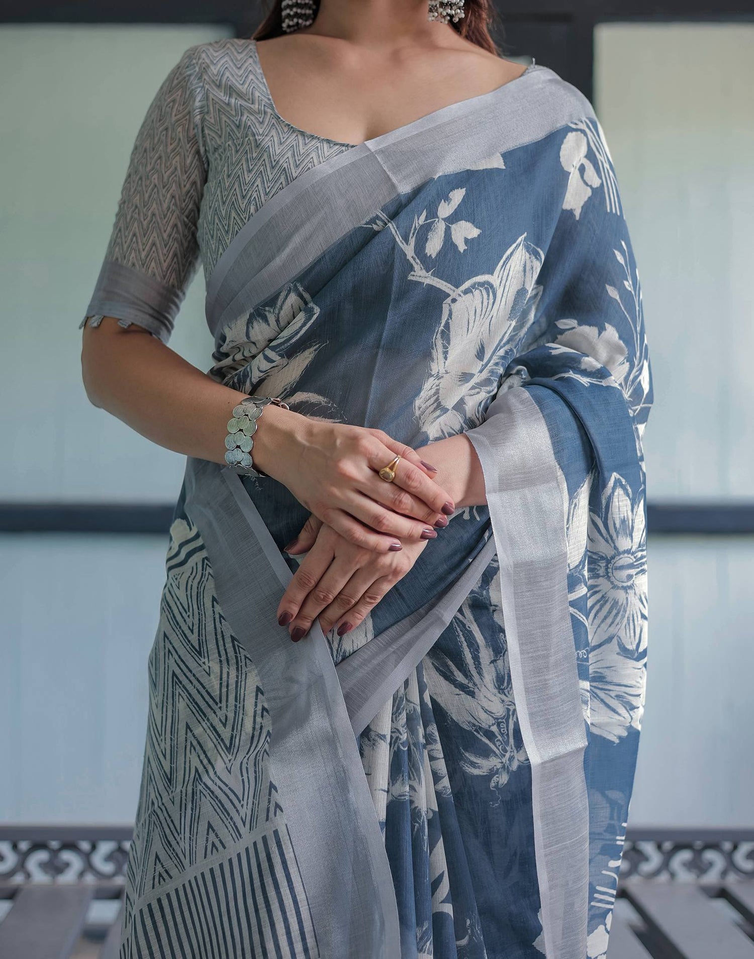 Dark Dusty Blue Linen Printed Saree