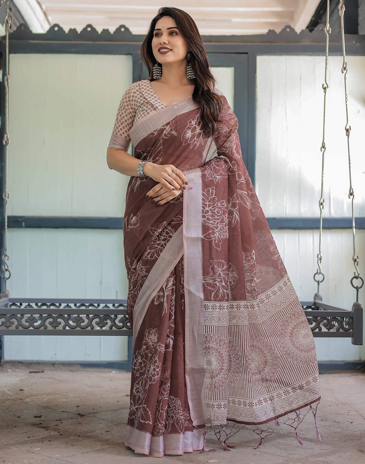 Dark Brown Linen Printed Saree