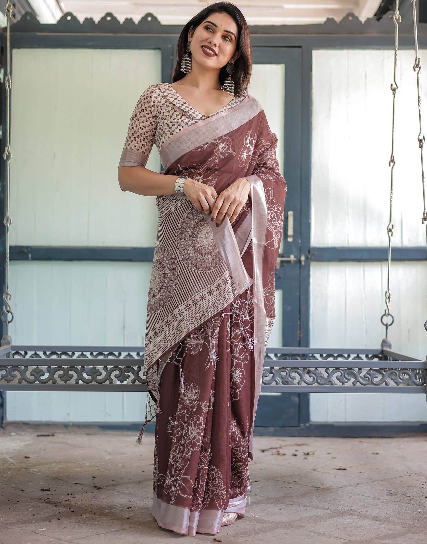 Dark Brown Linen Printed Saree