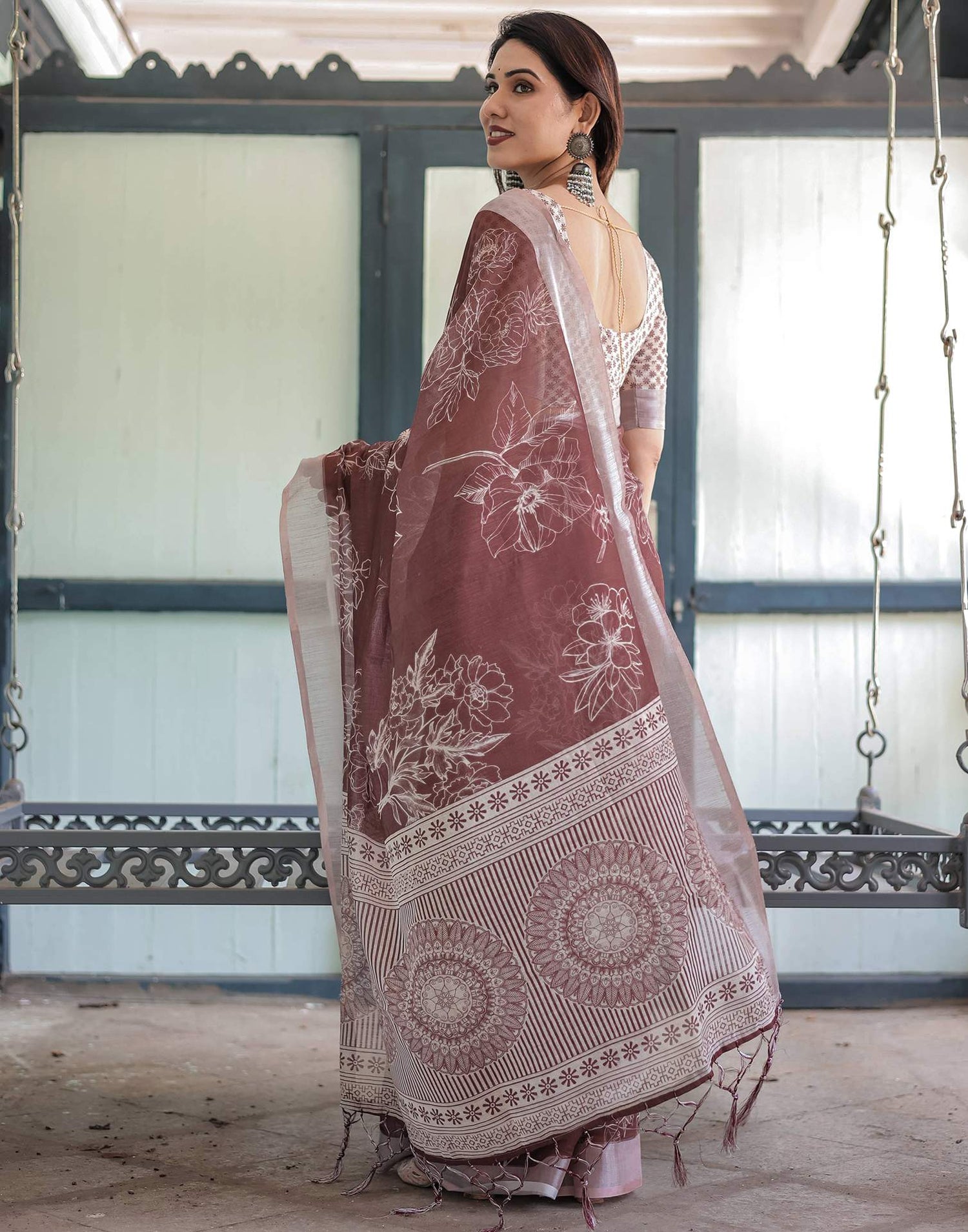 Dark Brown Linen Printed Saree