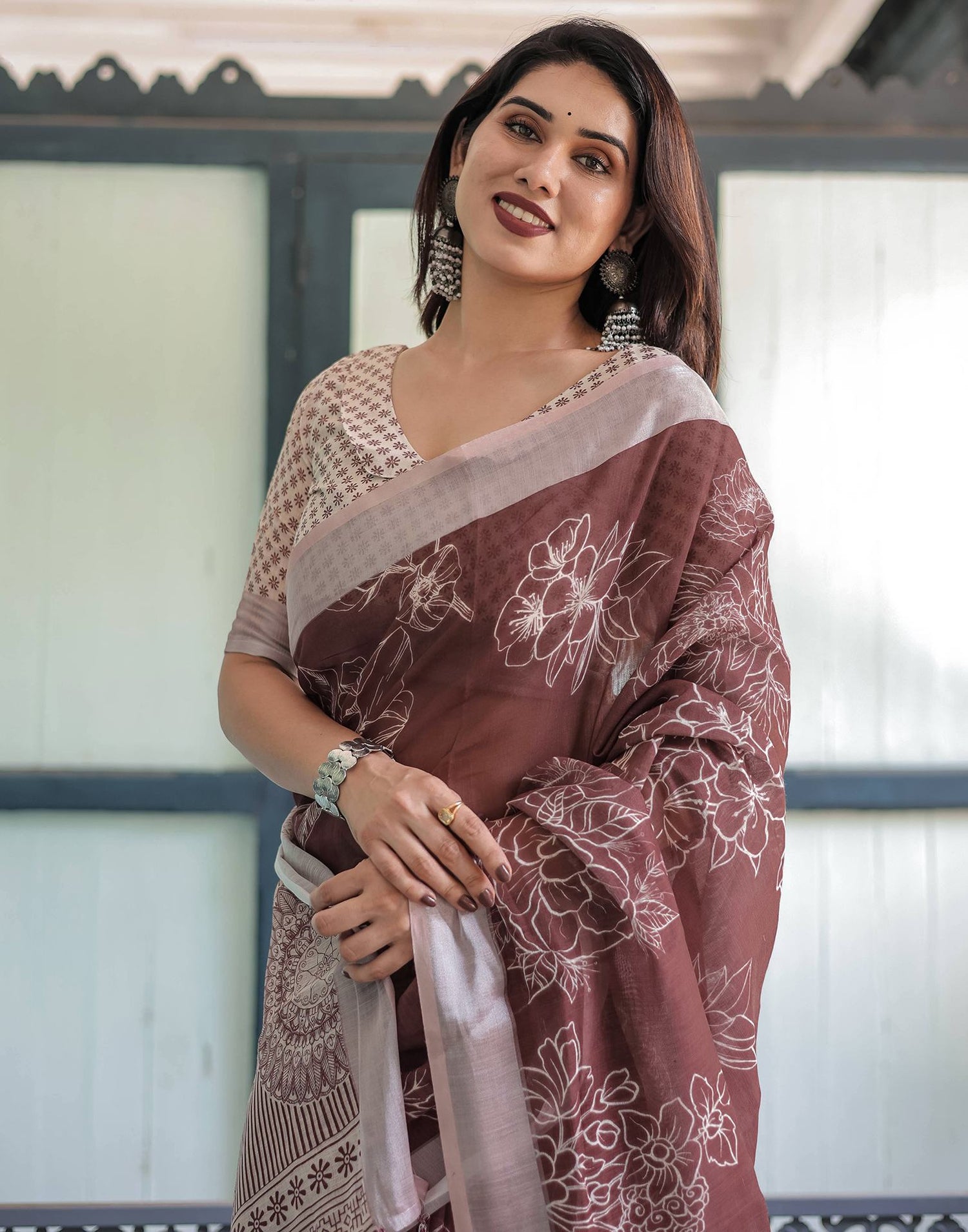 Dark Brown Linen Printed Saree