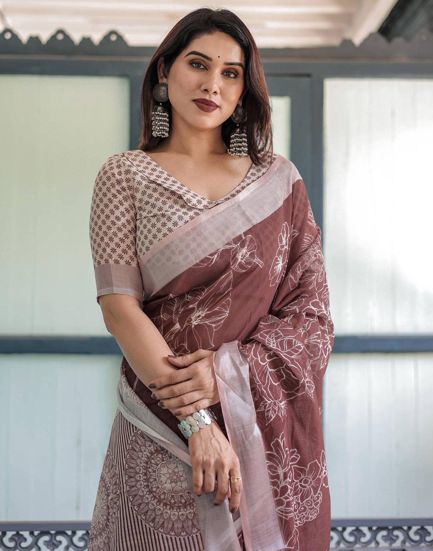 Dark Brown Linen Printed Saree