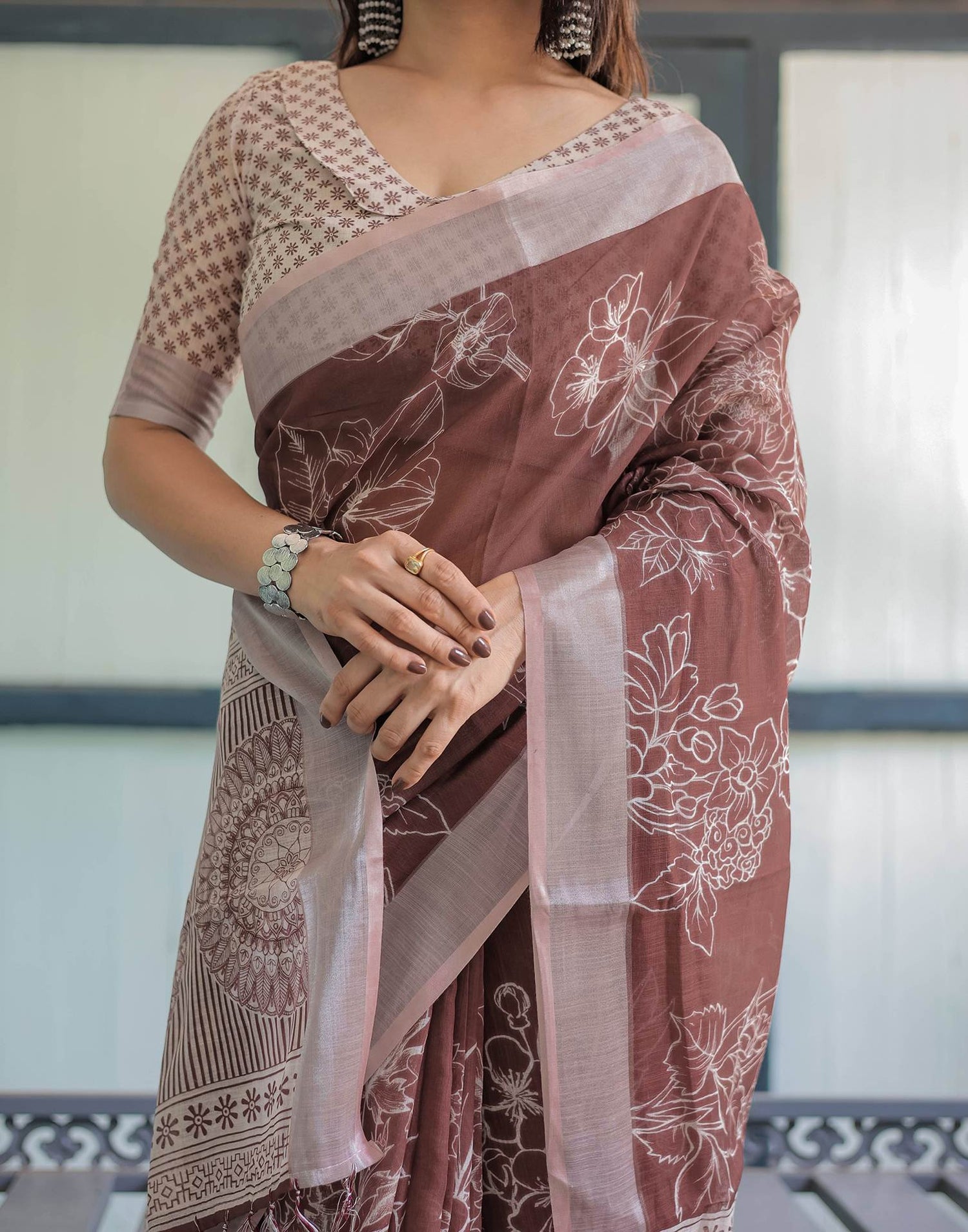 Dark Brown Linen Printed Saree