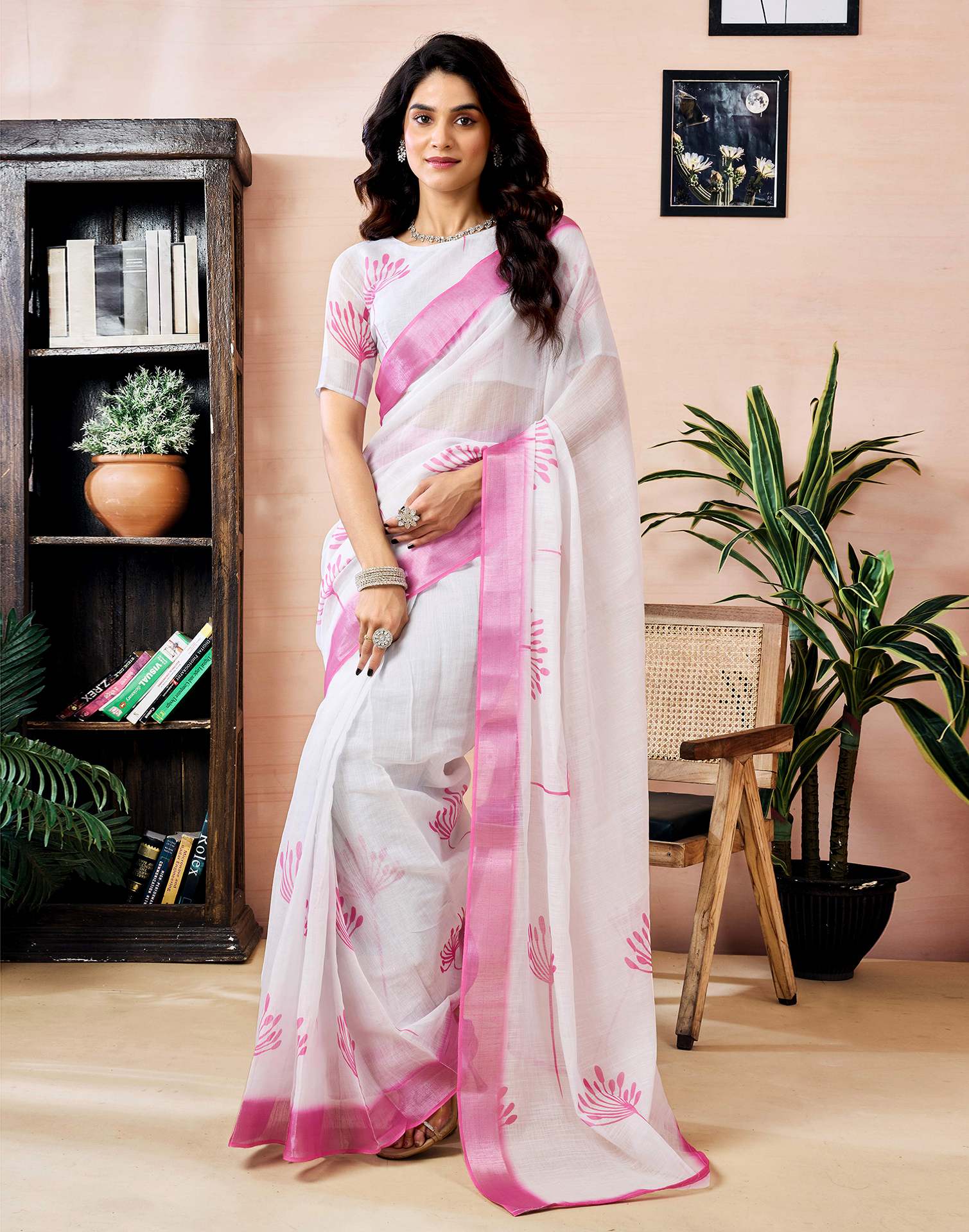 Ready to Wear White Linen Zari Printed Saree