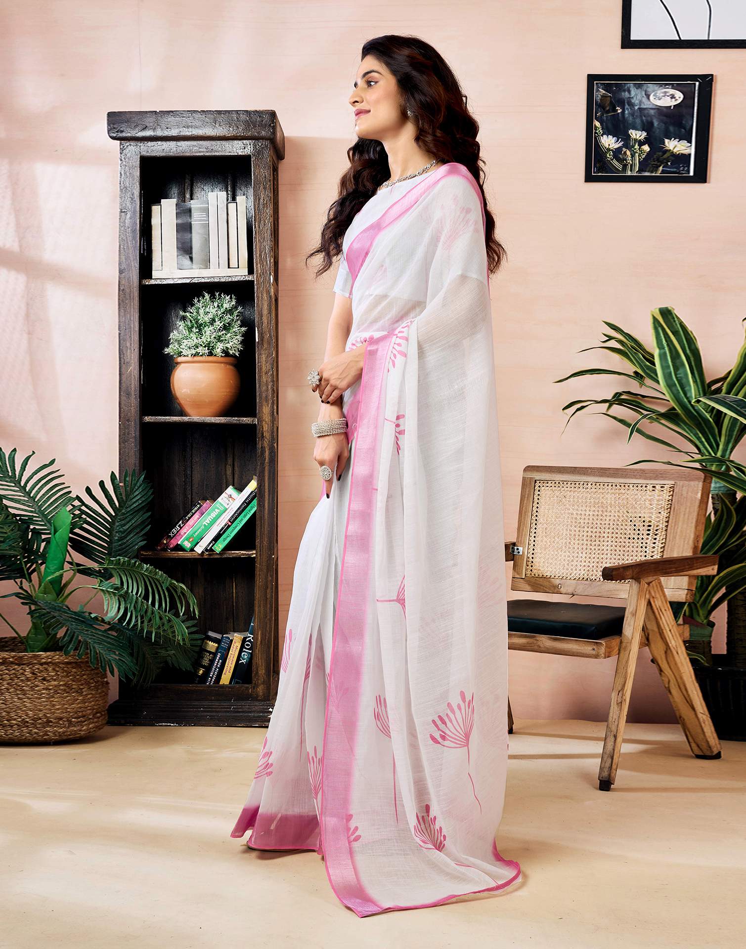 Ready to Wear White Linen Zari Printed Saree