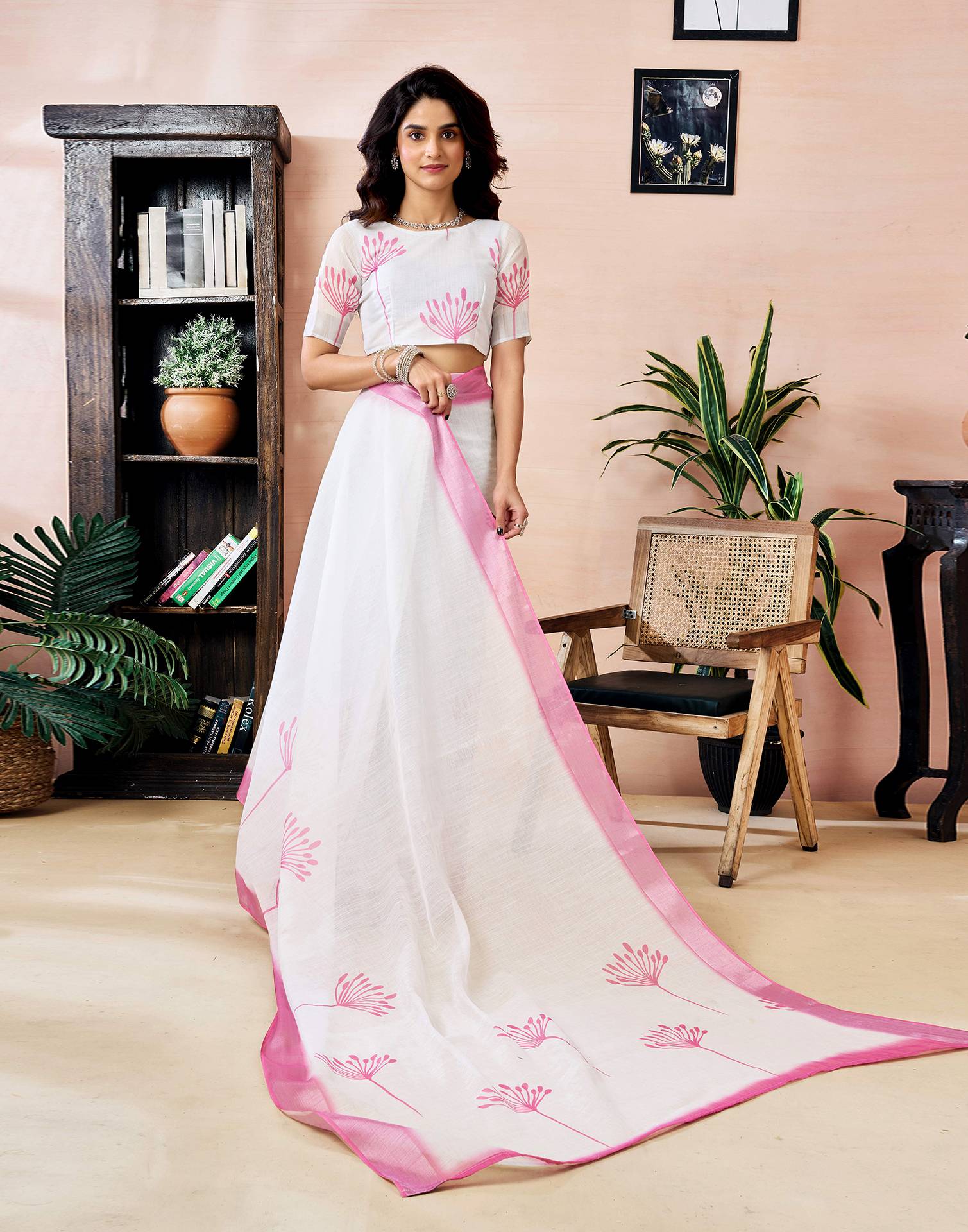 Ready to Wear White Linen Zari Printed Saree