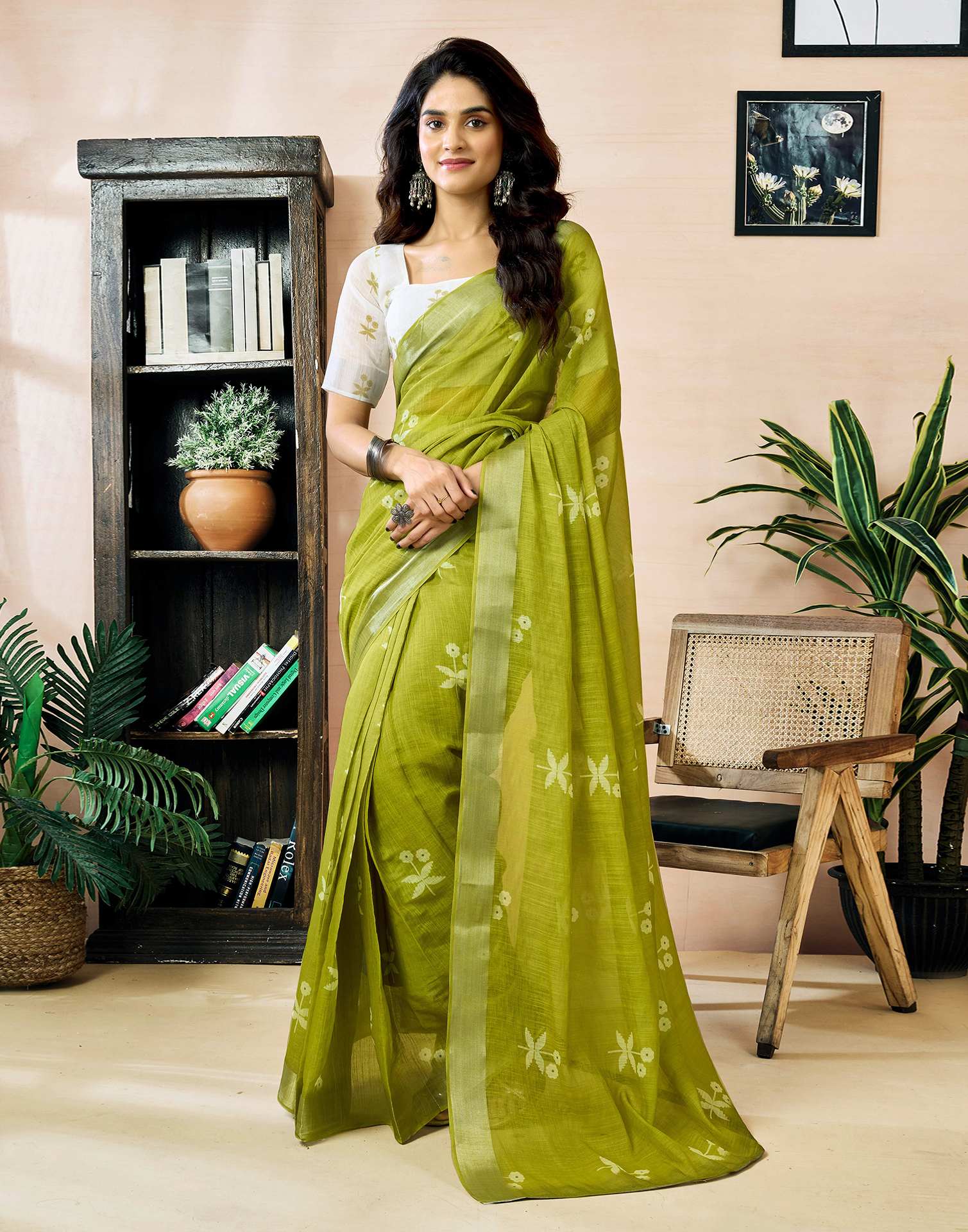 Ready to Wear Olive Green Linen Zari Printed Saree