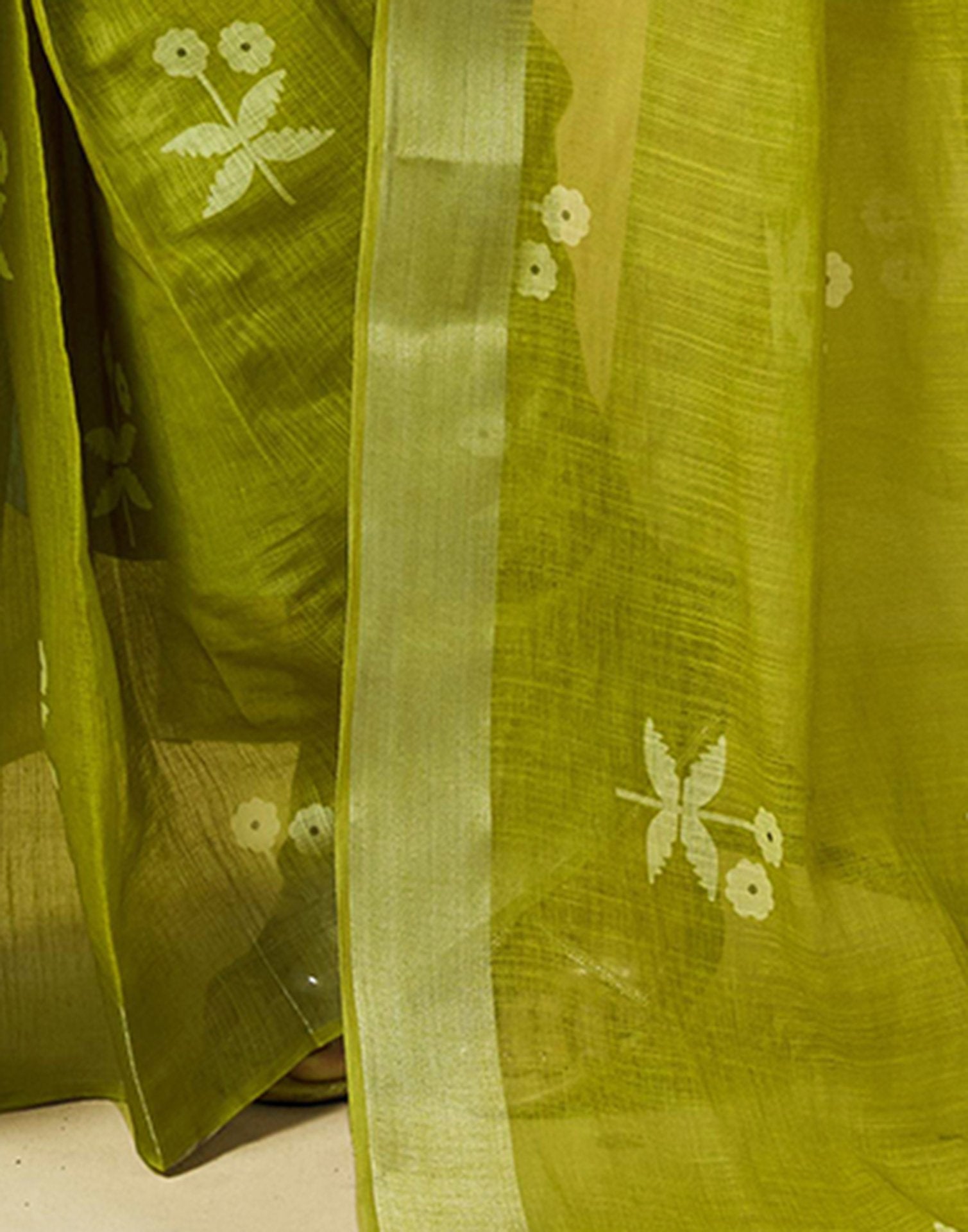 Ready to Wear Olive Green Linen Zari Printed Saree