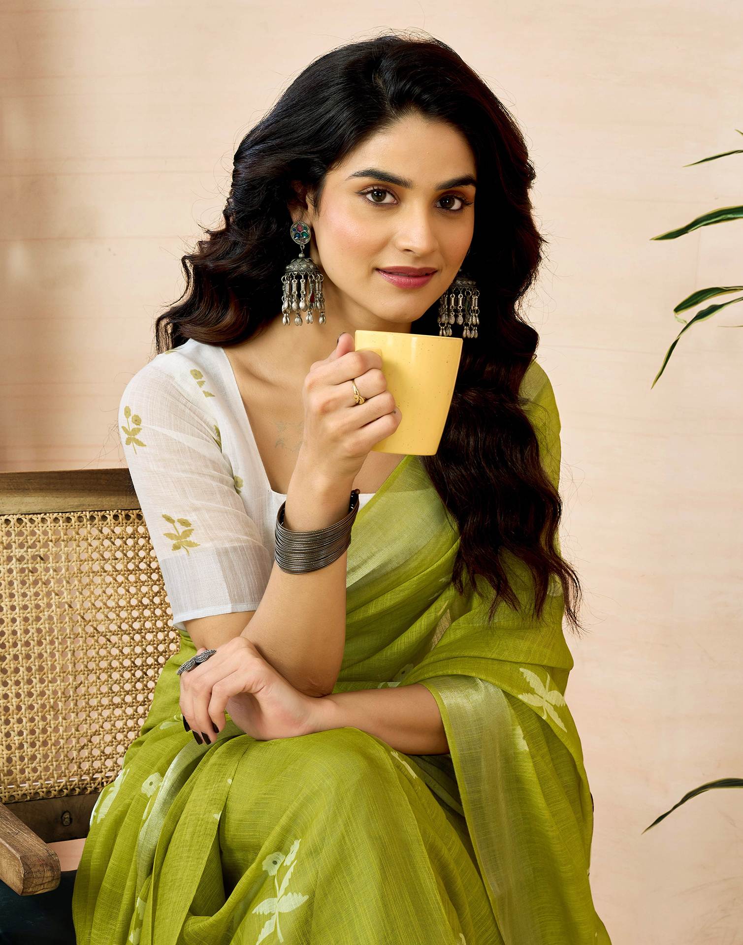 Ready to Wear Olive Green Linen Zari Printed Saree