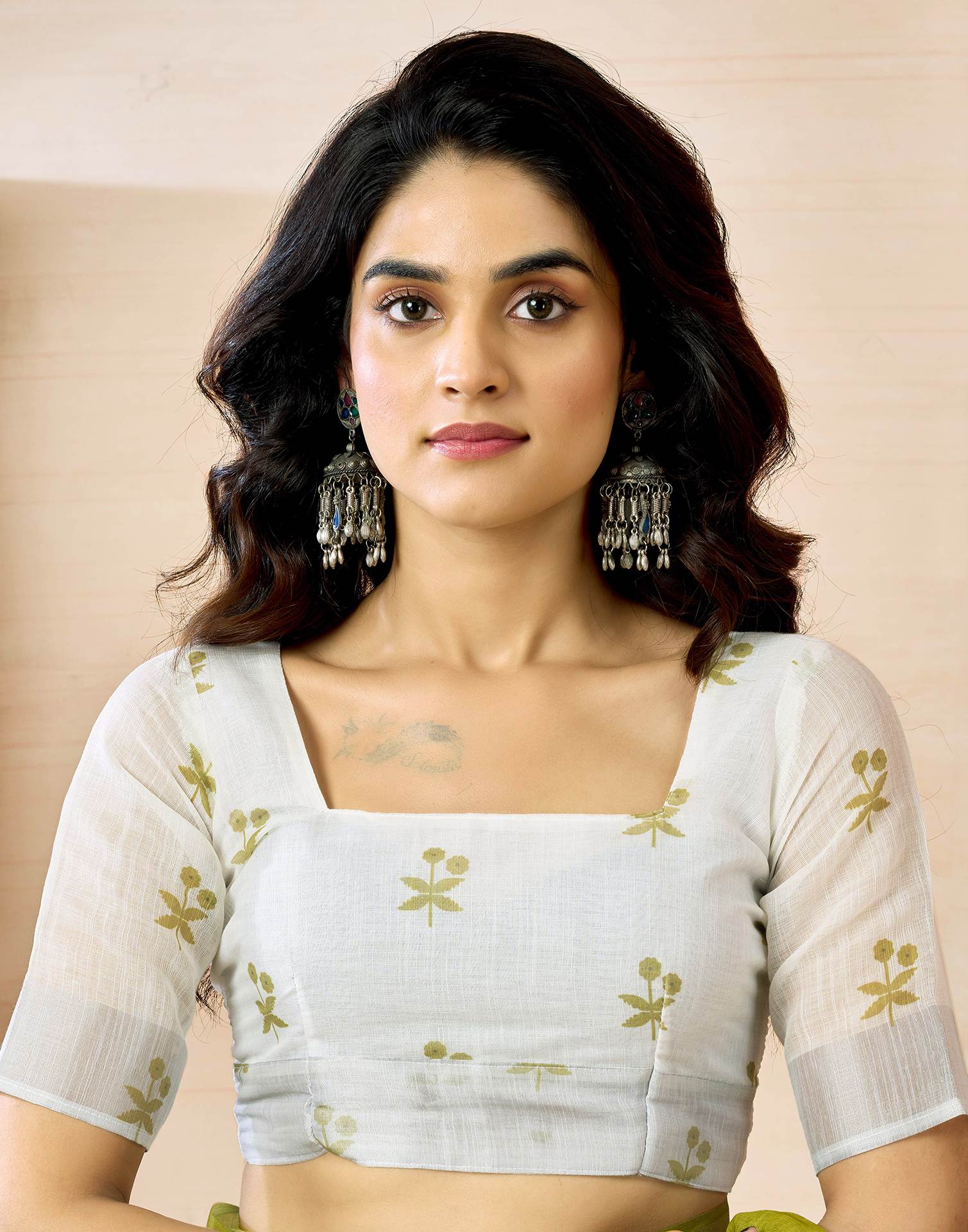 Ready to Wear Olive Green Linen Zari Printed Saree
