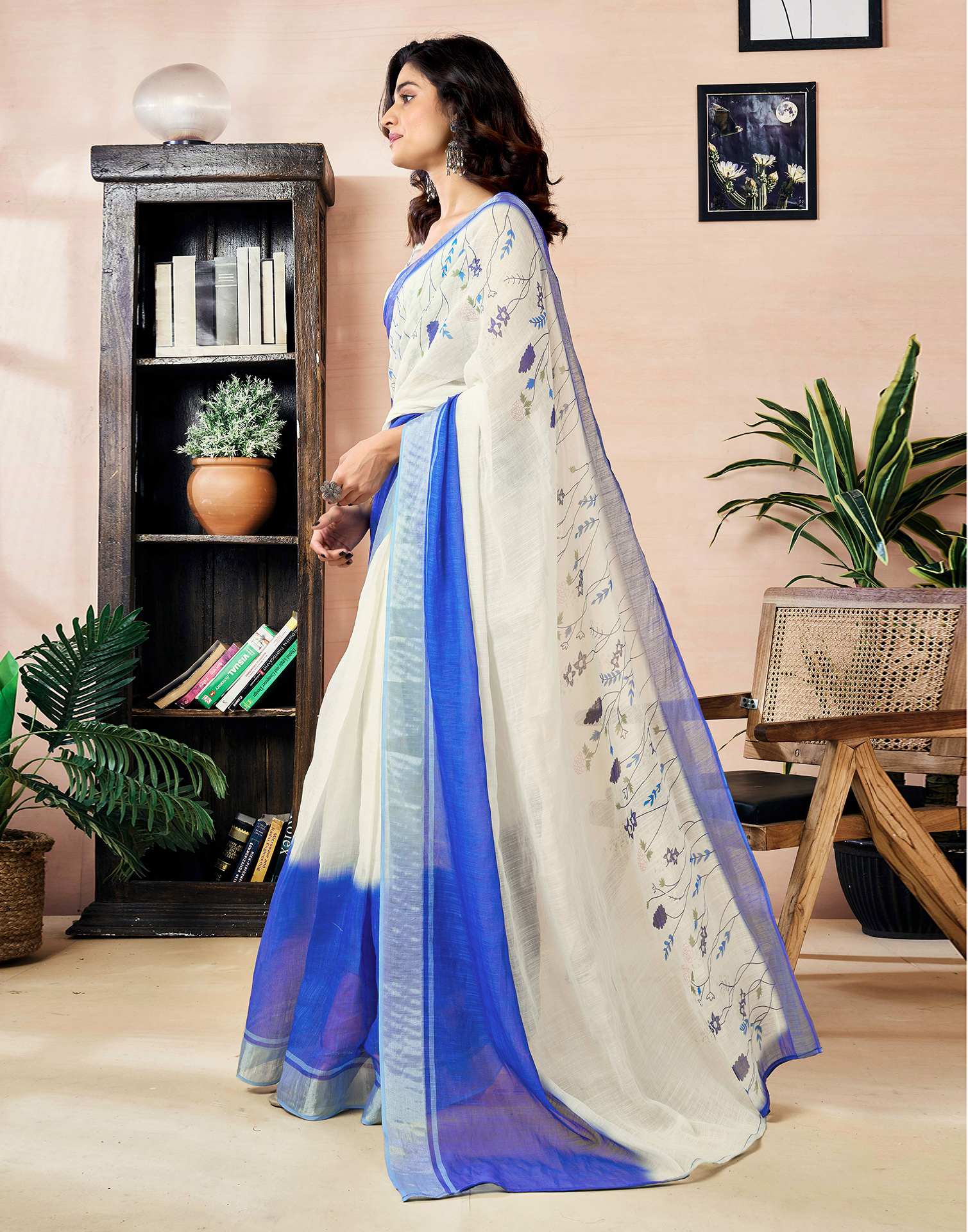 Ready to Wear White Linen Zari Floral Printed Saree