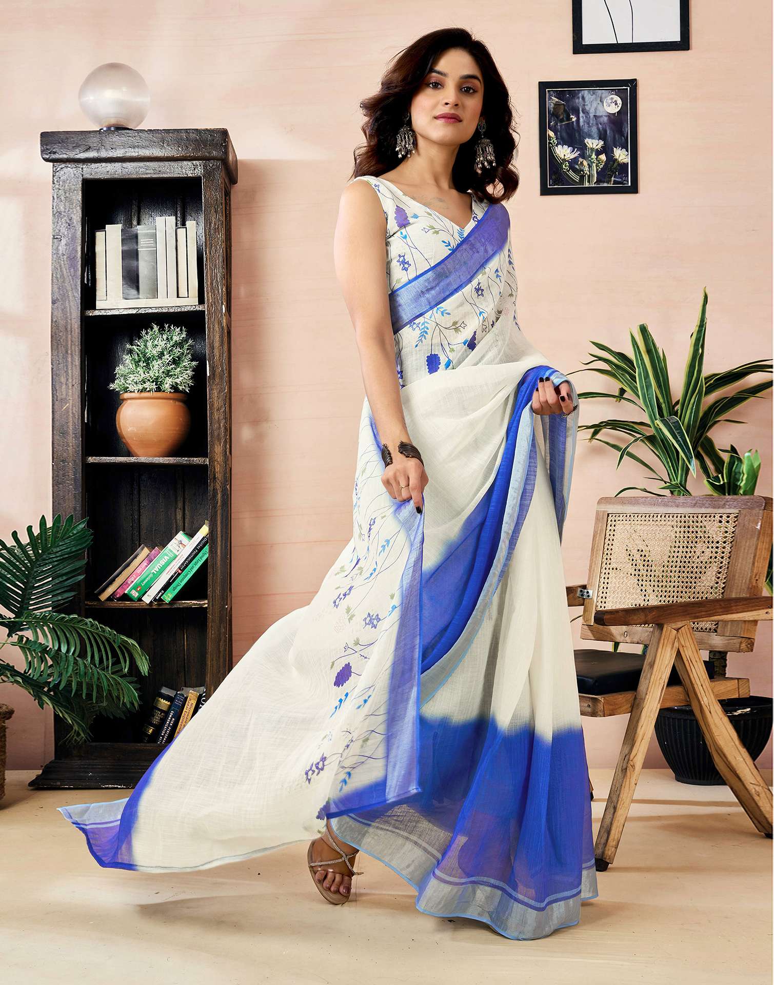 Ready to Wear White Linen Zari Floral Printed Saree