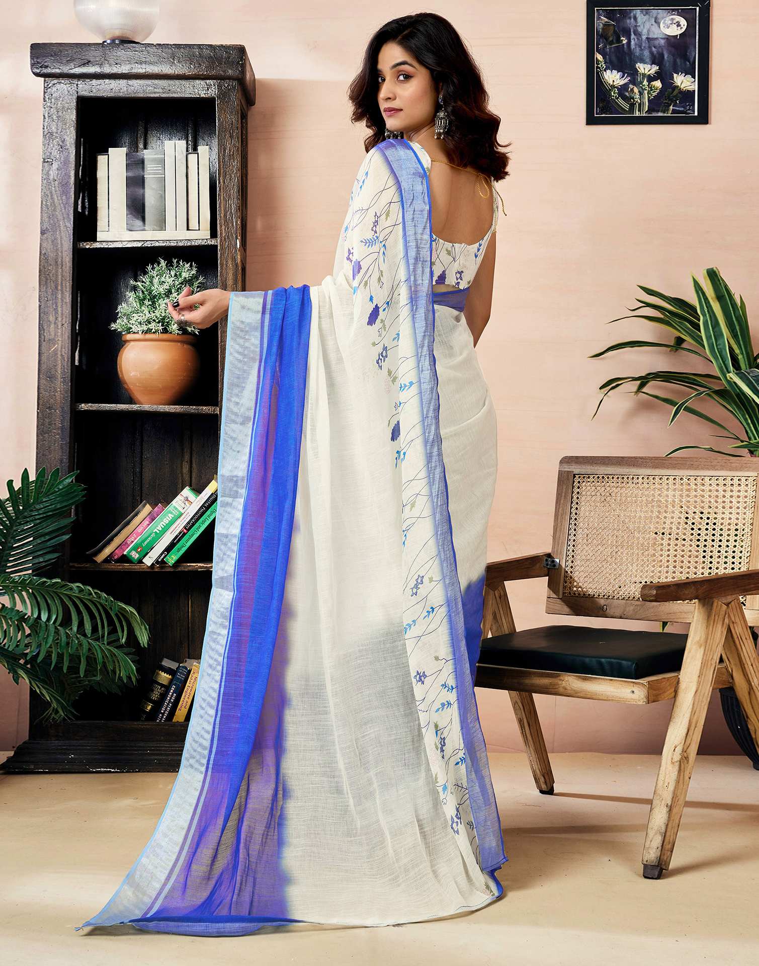 Ready to Wear White Linen Zari Floral Printed Saree