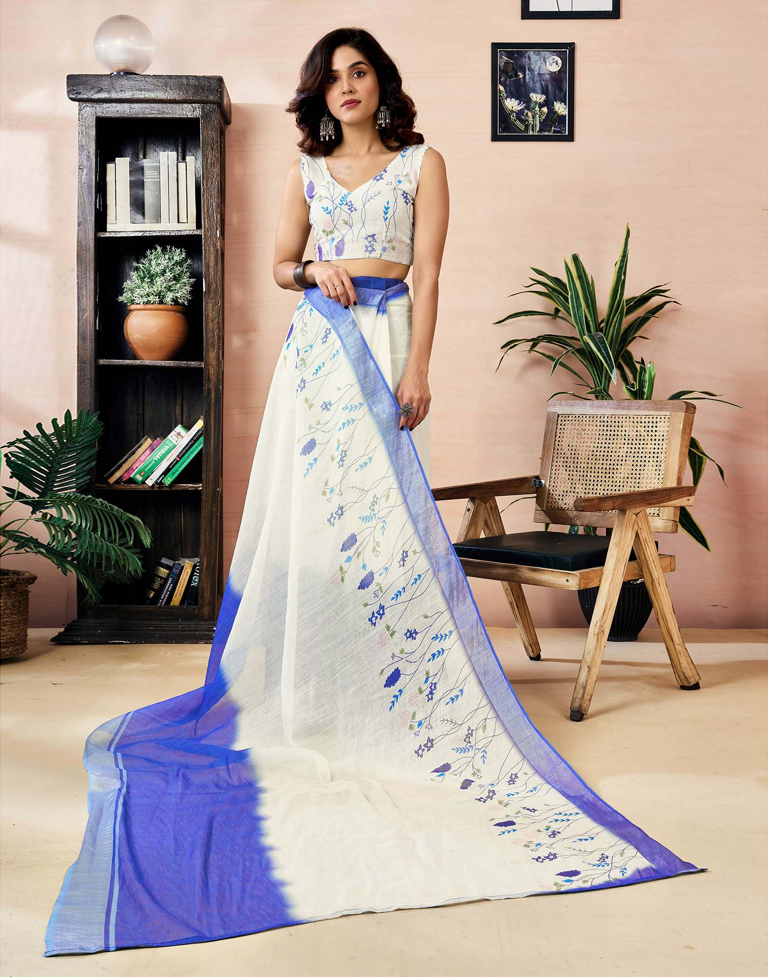 Ready to Wear White Linen Zari Floral Printed Saree
