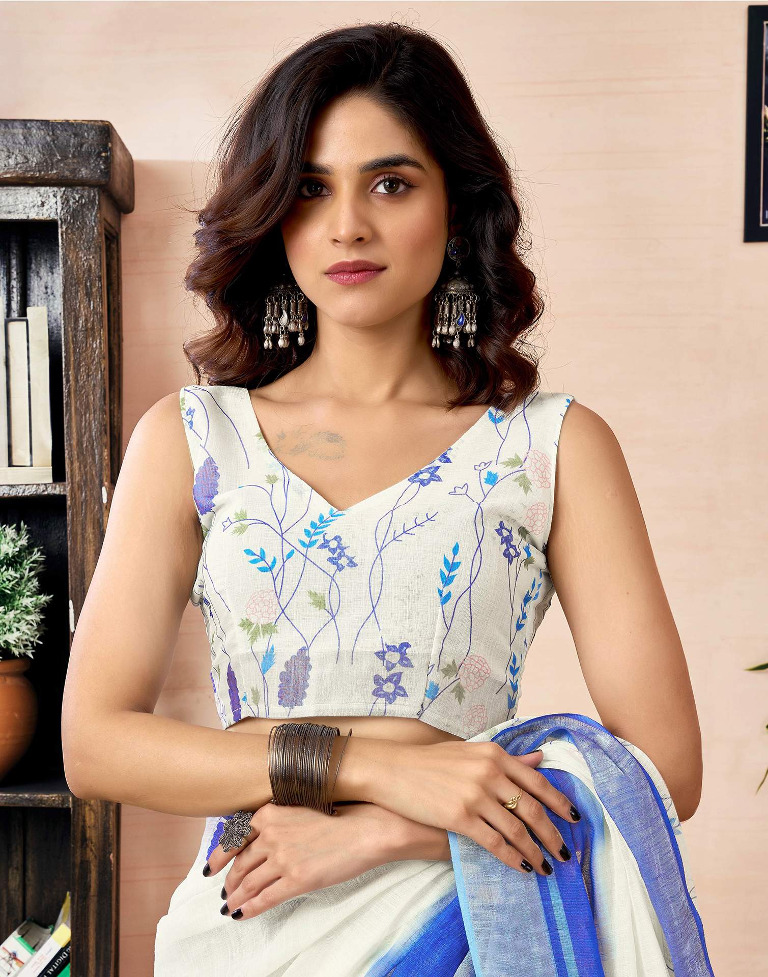 Ready to Wear White Linen Zari Floral Printed Saree