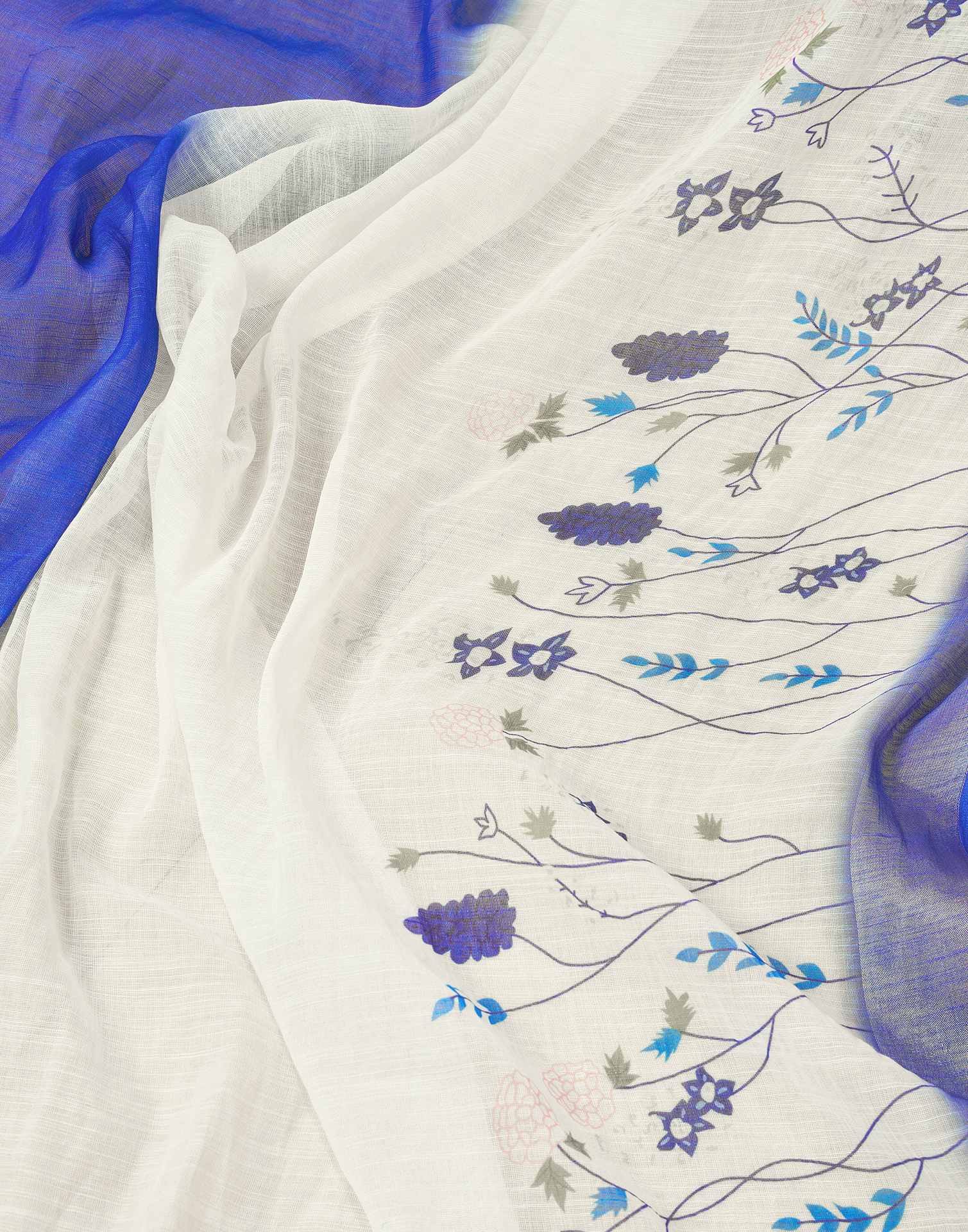 Ready to Wear White Linen Zari Floral Printed Saree