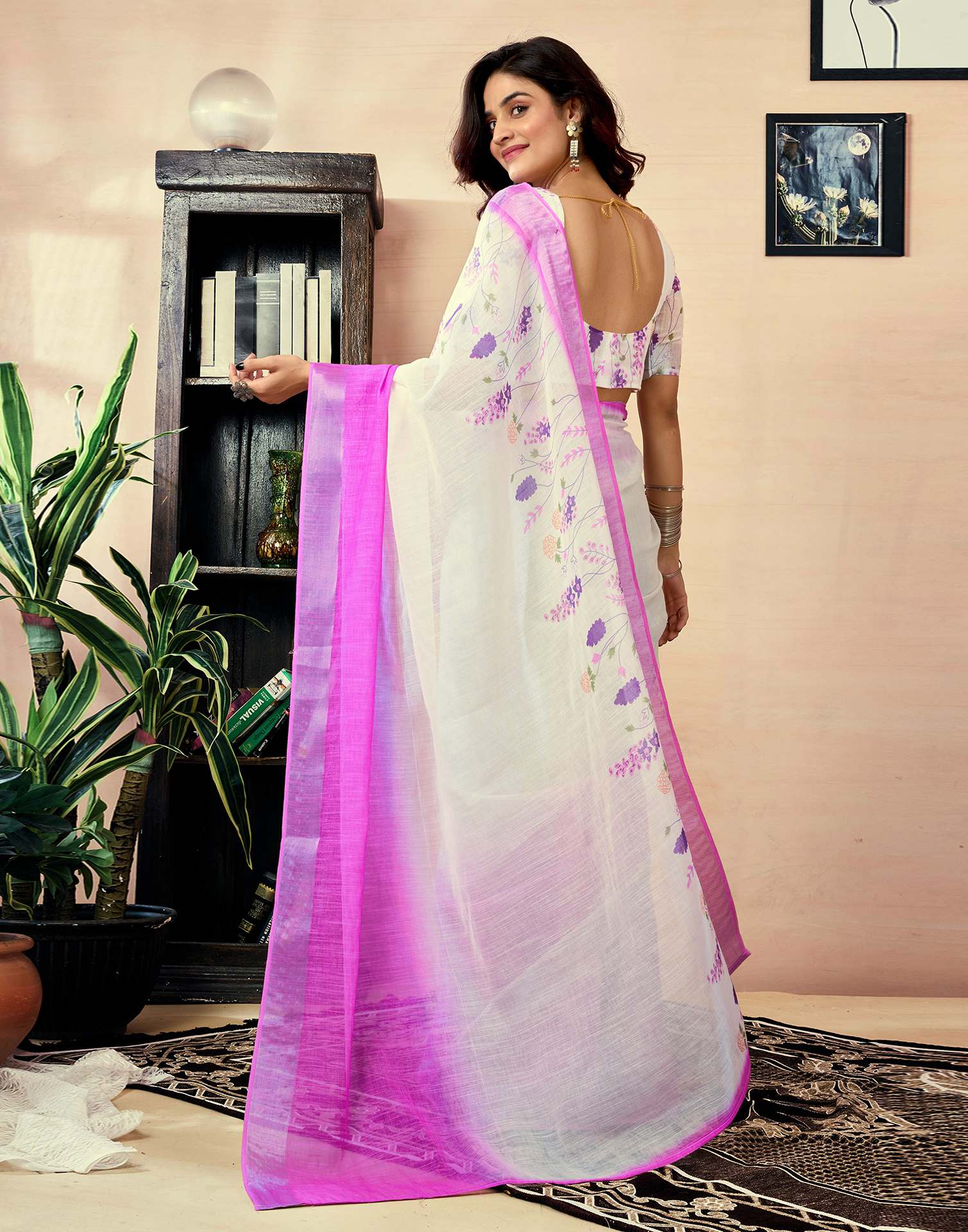 Ready to Wear White Chanderi Floral Printed Saree