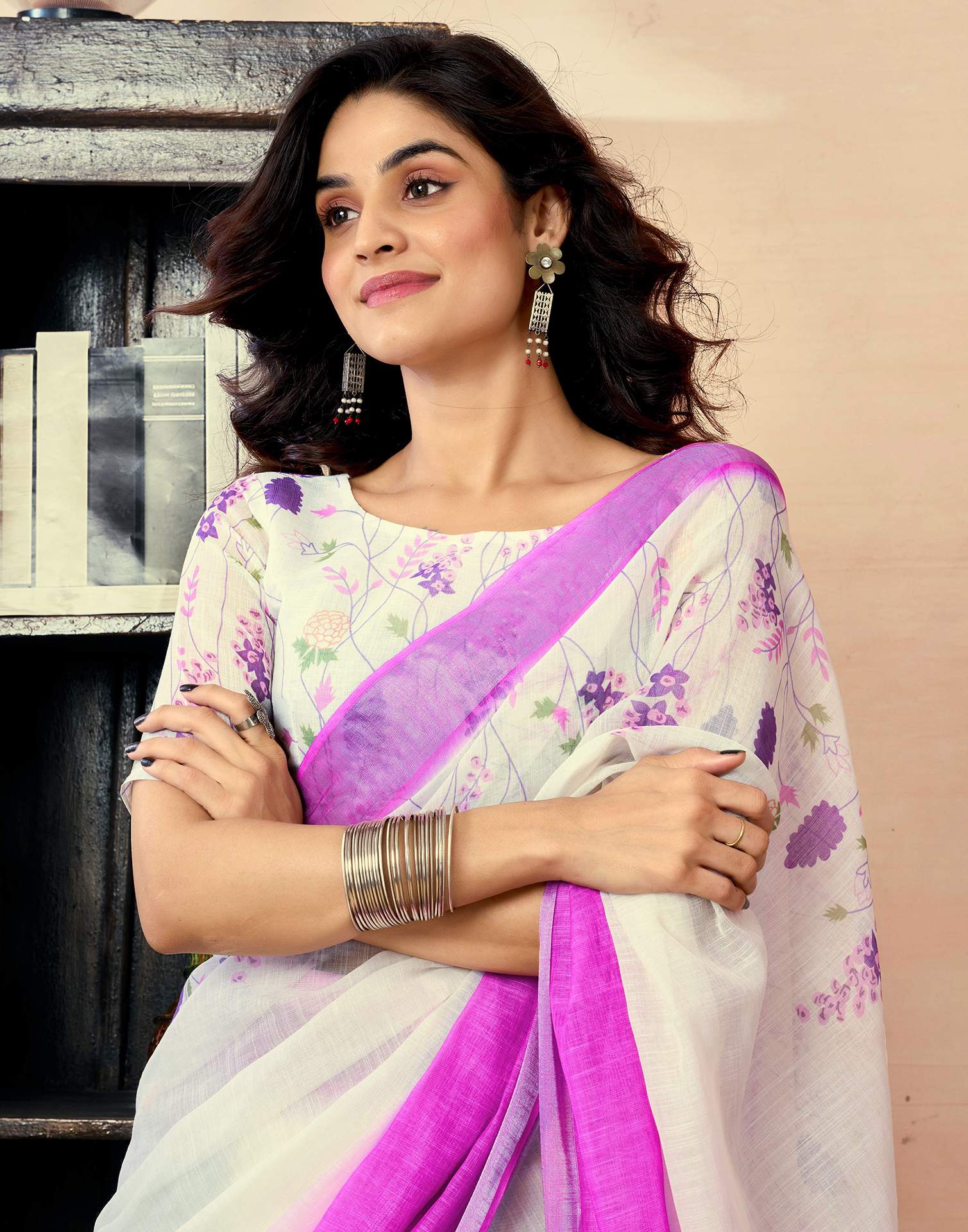 Ready to Wear White Chanderi Floral Printed Saree