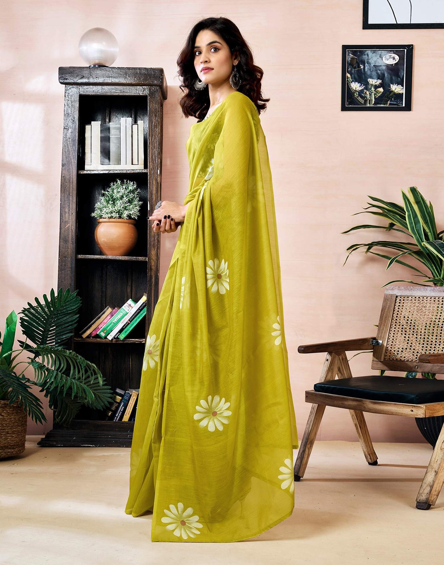 Ready to Wear Olive Green Chanderi Floral Printed Saree