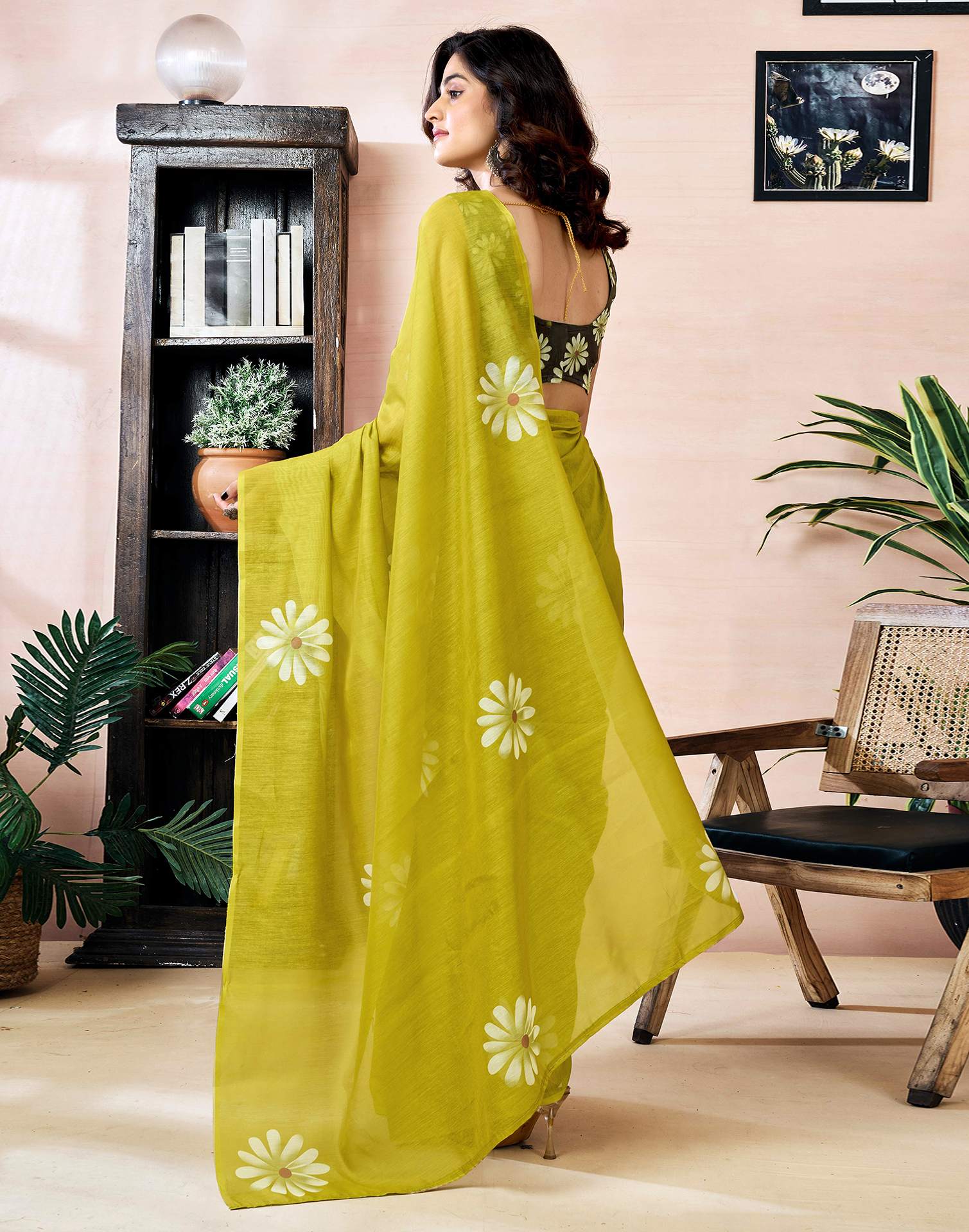 Ready to Wear Olive Green Chanderi Floral Printed Saree