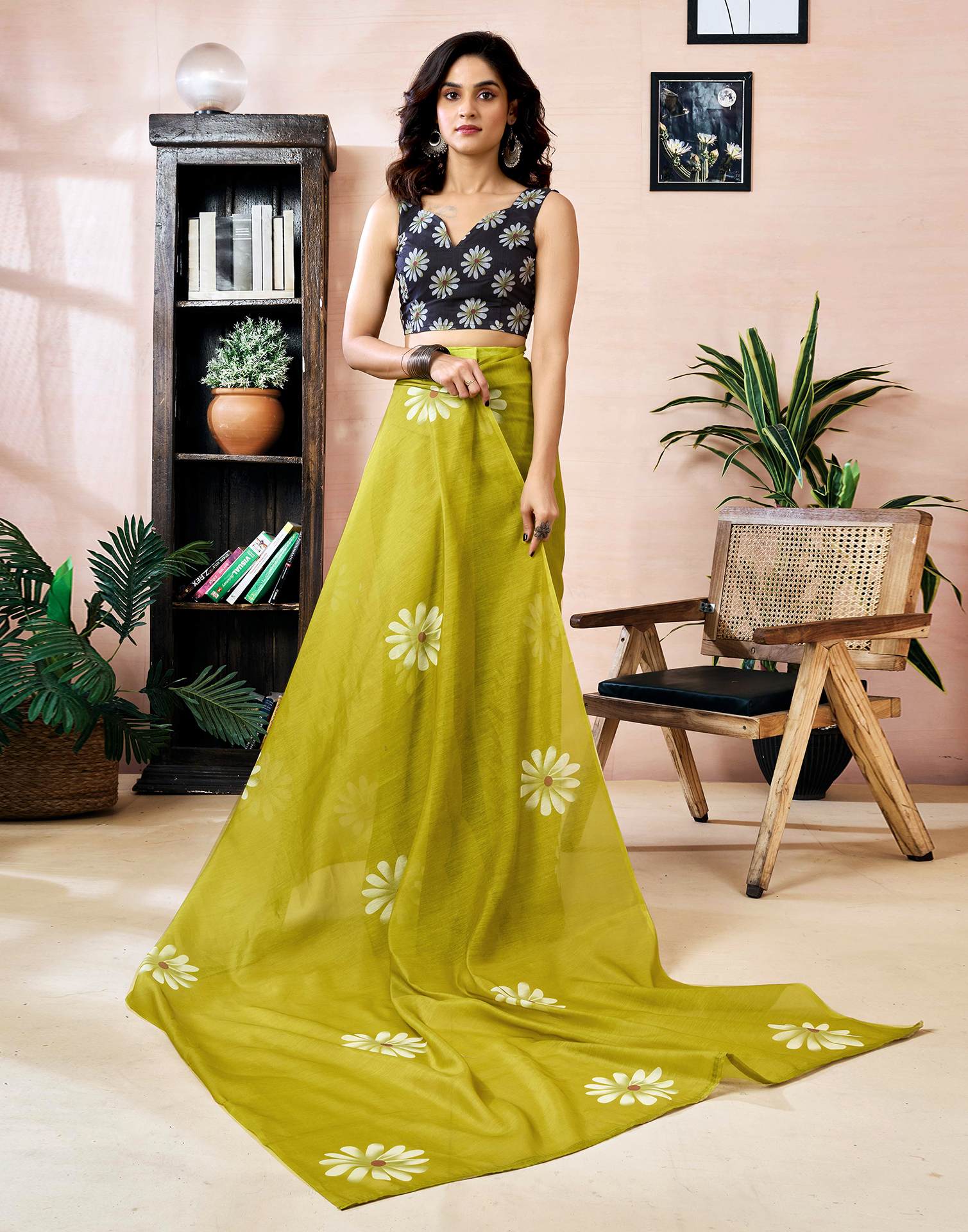Ready to Wear Olive Green Chanderi Floral Printed Saree