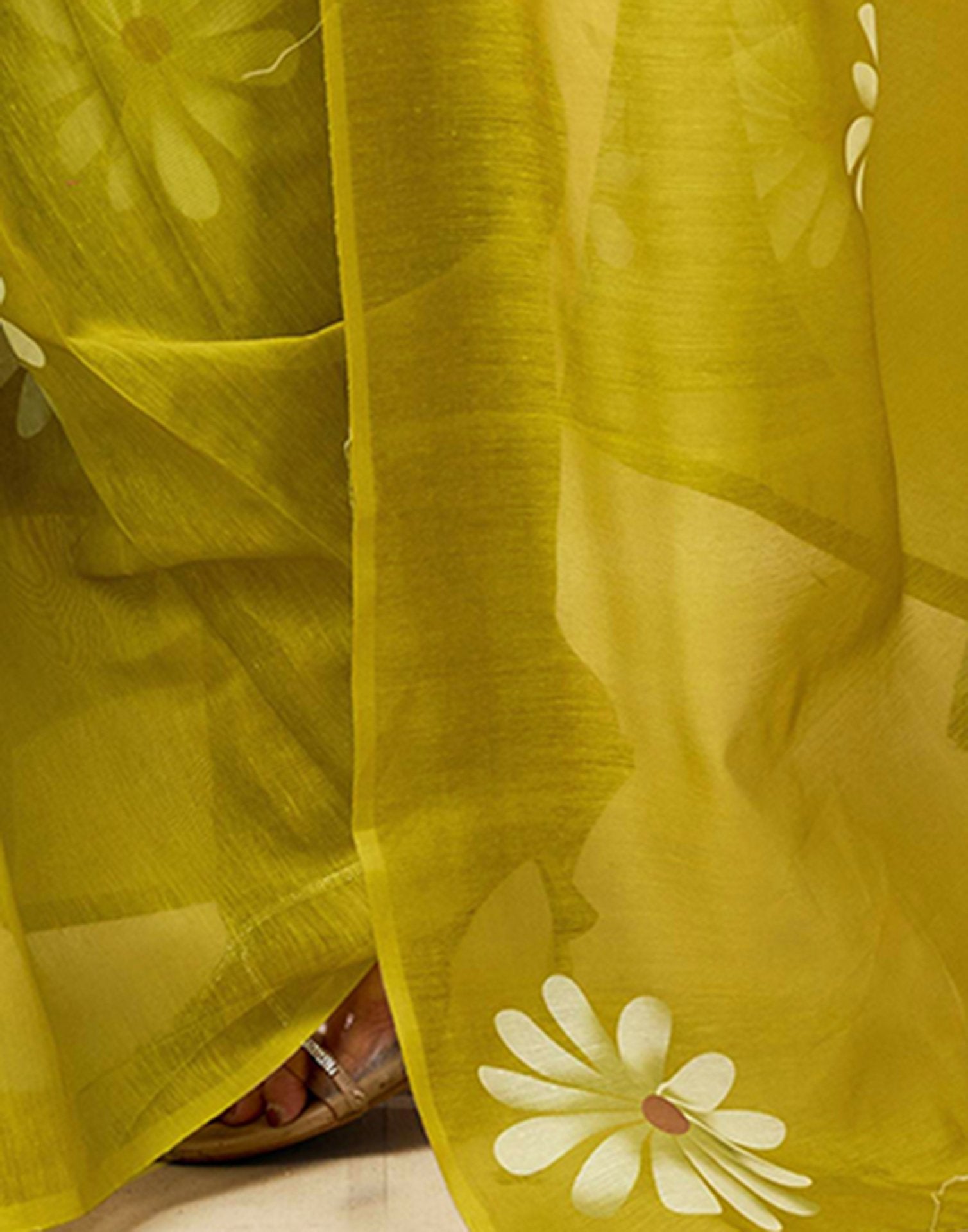 Ready to Wear Olive Green Chanderi Floral Printed Saree